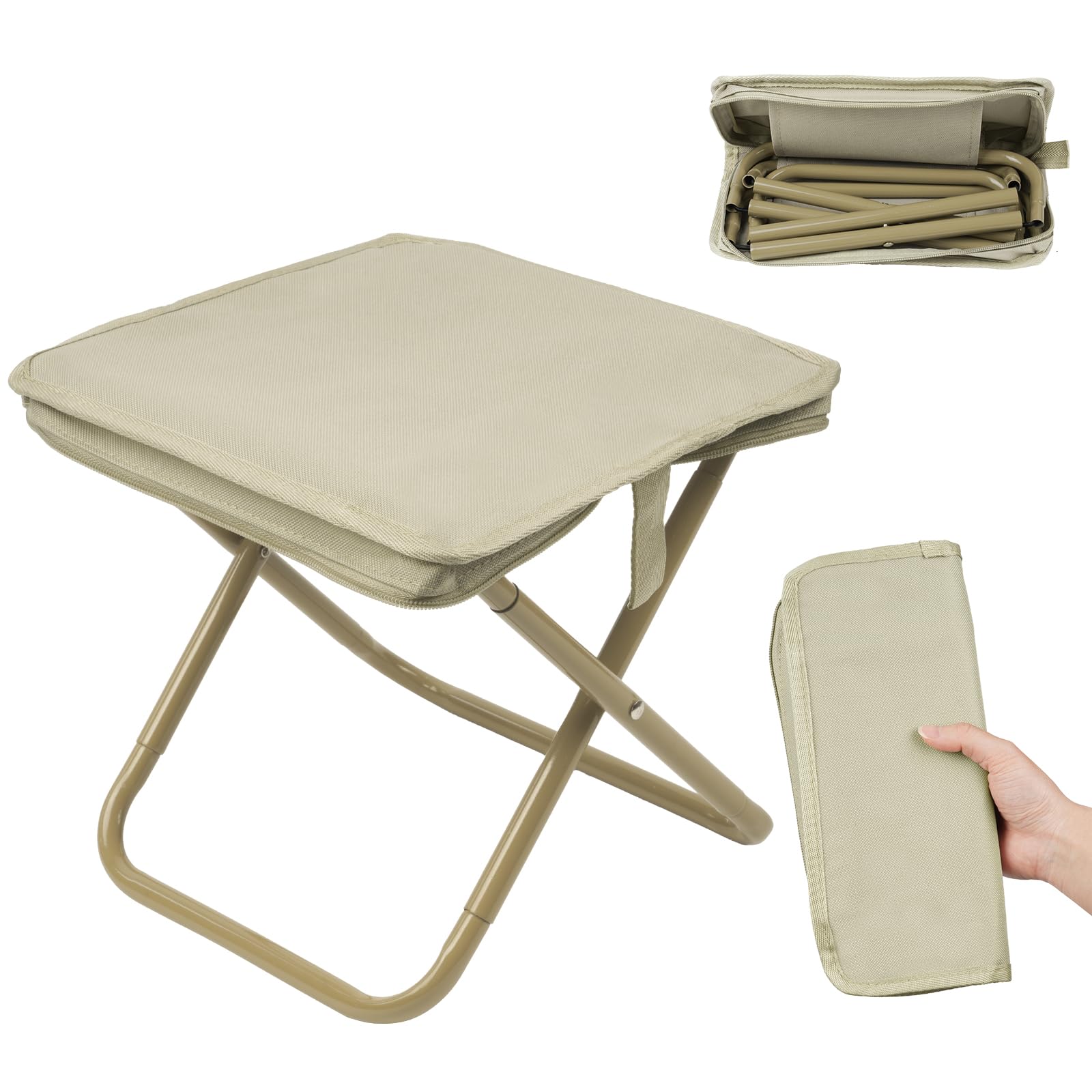 OFFCUP Folding Stool, Mini Outdoor Camping Stool, Portable Small Foldable Lightweight Hunting Seat with Zippered Carrying Bag, Folding Slacker Chairs for Fishing Travelling Picnics (Khaki)