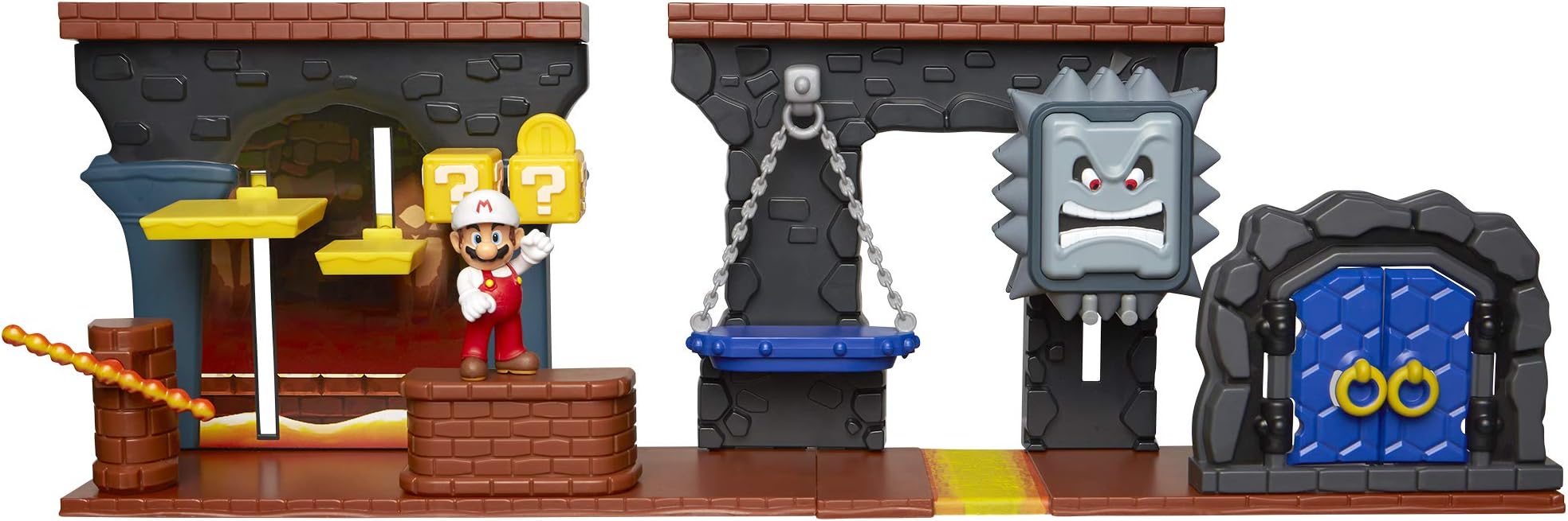 Super Mario Dungeon Deluxe Play Set, Includes: 2.5” Fire Mario Figure & 7 Interactive Environmentpiece Moving Platforms & Thwomp, Spinning Fire Balls, Hidden Coin, Swing, & Door