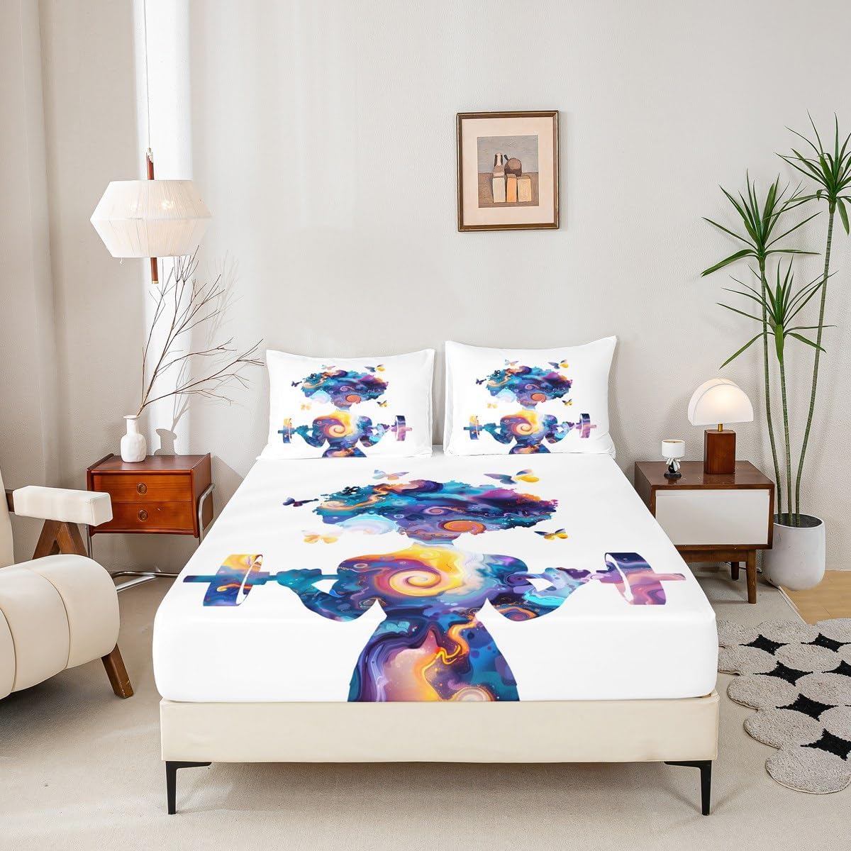 Weightlifting Fitted Sheet Queen Size Watercolor Bedding Set Sports Game Sheet Set,Tie-dye Bed Cover Ultra Soft Breathable Bedding 3 Pcs for Kids Teens Boys