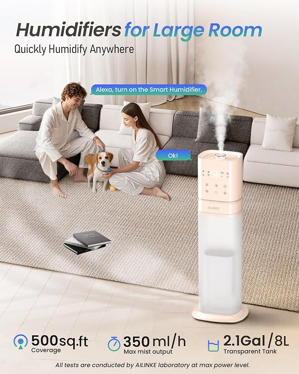 AILINKE Smart Humidifier Large Room, 2.1Gal/8L Humidifiers for Bedroom with Extended Tube&Night Light, Whole House Cool Mist Humidifiers, WIFI App&Voice Control, School/Office/Warehouse, Pale Pink by AILINKE - Image 2