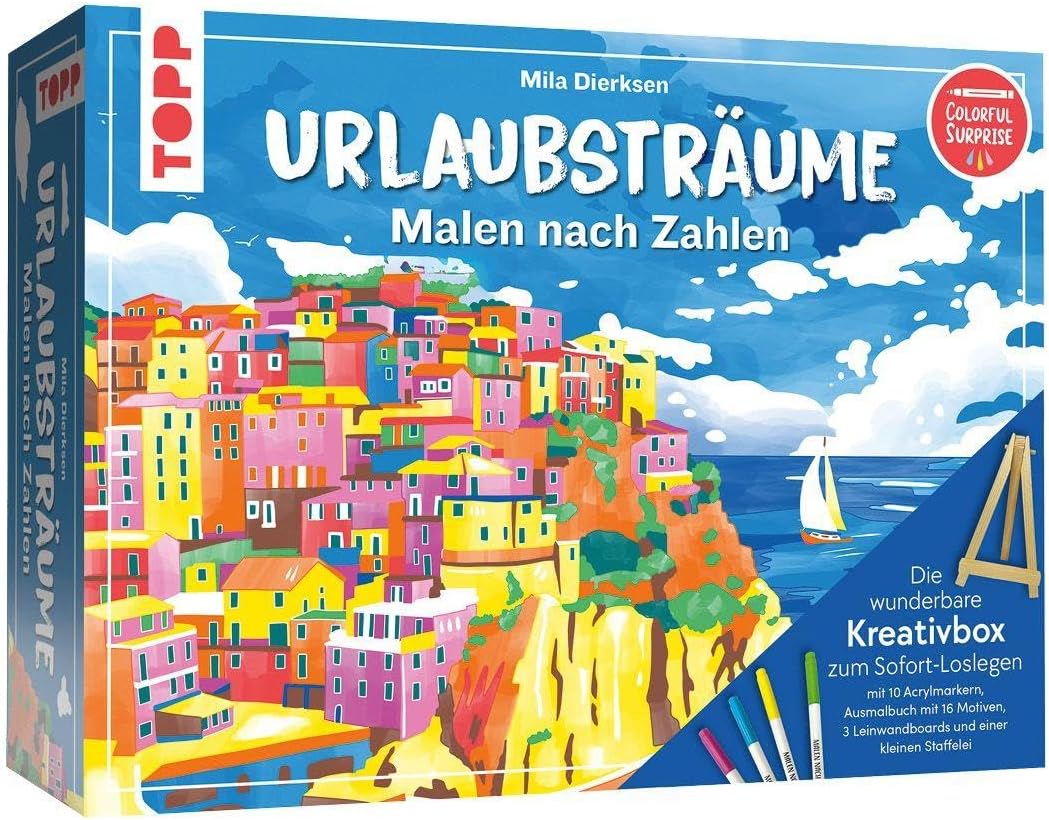 Die wunderbare Kreativbox Painting by Numbers - Holiday Dreams: Colouring Book (32 Pages), Mini Easel, 3 Canvases, 10 Acrylic Markers