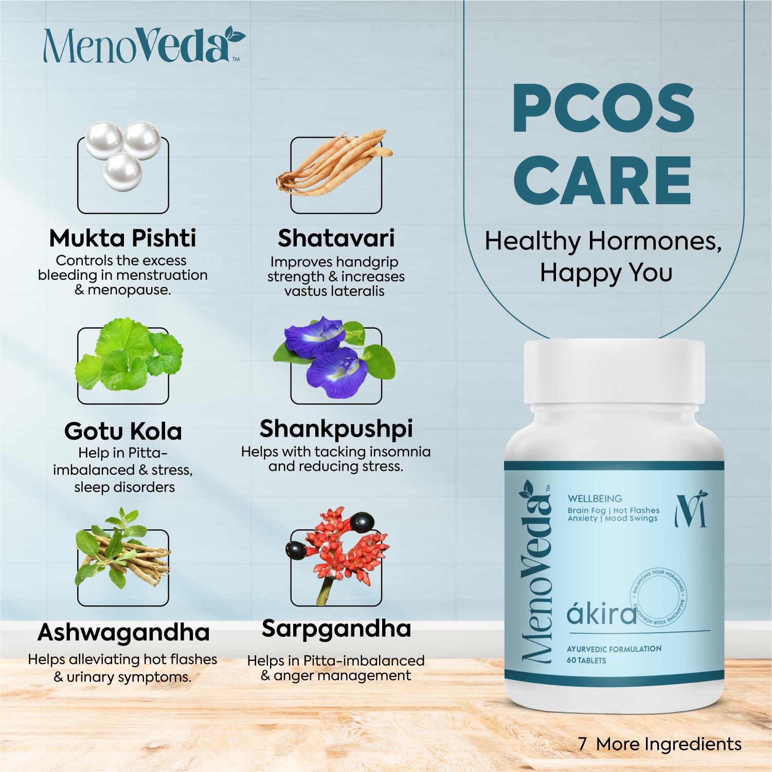 Menoveda Ákira Ayurvedic PCOS Supplement for Women with 12+ Herbs | Supports Hormonal Balance & Menstrual Comfort | With Shatavari, Ashwagandha, Gotu Kola, Yashtimadhu & Guduchi | 60 Tablets 2