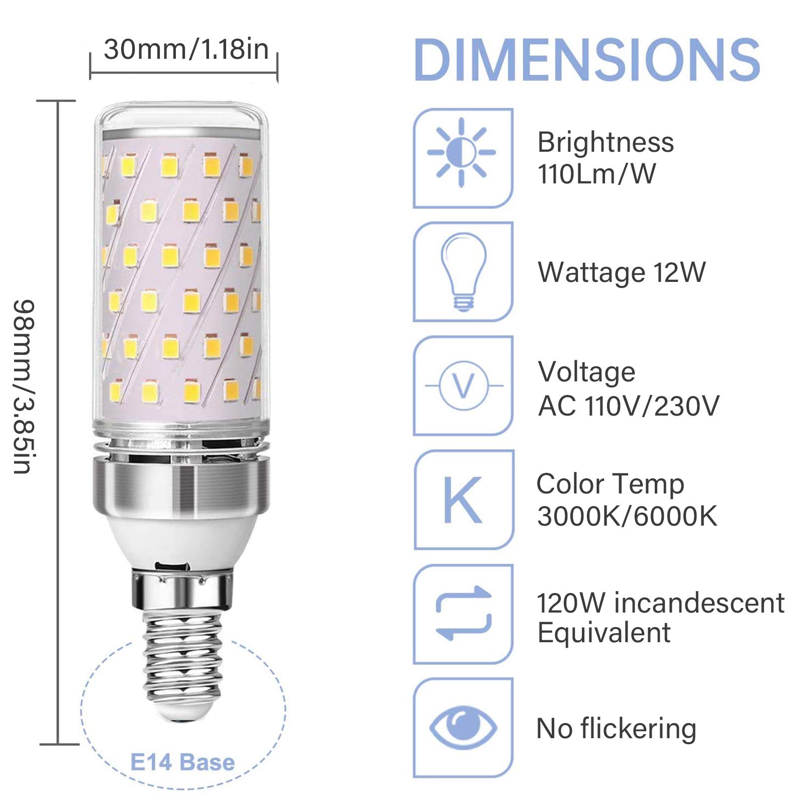 Bombilla LED E14, Equivalente a 12W, 3000K/6000K, lámpara halógena 120W, Bombilla maíz 1320LM, no Regulable, 6 uds.