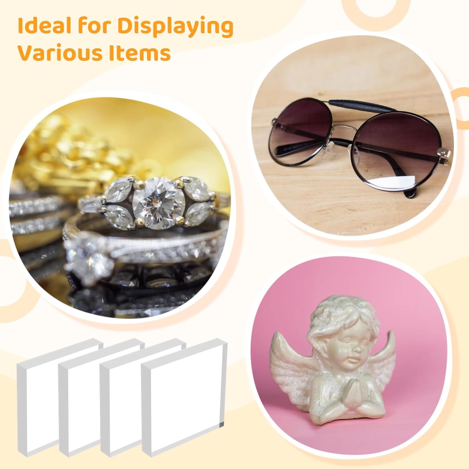 4 Pcs Acrylic Blocks for Display - 6×6×1" Clear Acrylic Cubes, Square Jewelry Display Risers, Polished Ring Display Holder Bases, Cake Craft Showcase Stands