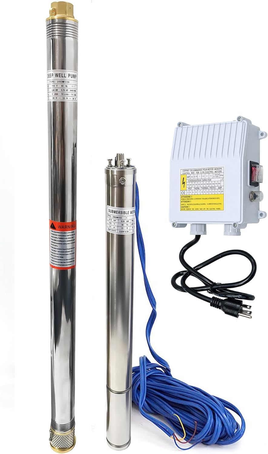 iMeshbean® Submersible Well Pump, 2" Deep Well Pump Stainless Steel with 50' Power Cord, Heavy Duty (2"-3/4HP-AC 110V + Control Box)