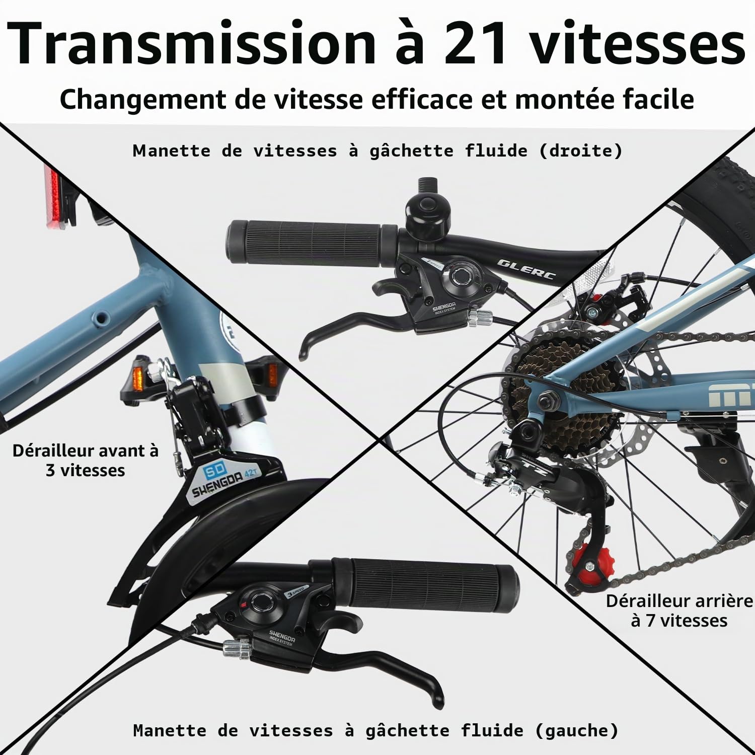 Glerc Skyline Vélo VTT Enfant 20 Et 24 Pouces pour Garçons Et Filles De 6 À 18 Ans, Vélo 21 Vitesses avec Suspension Avant Et Freins À Disque, Couleurs Multiples.
