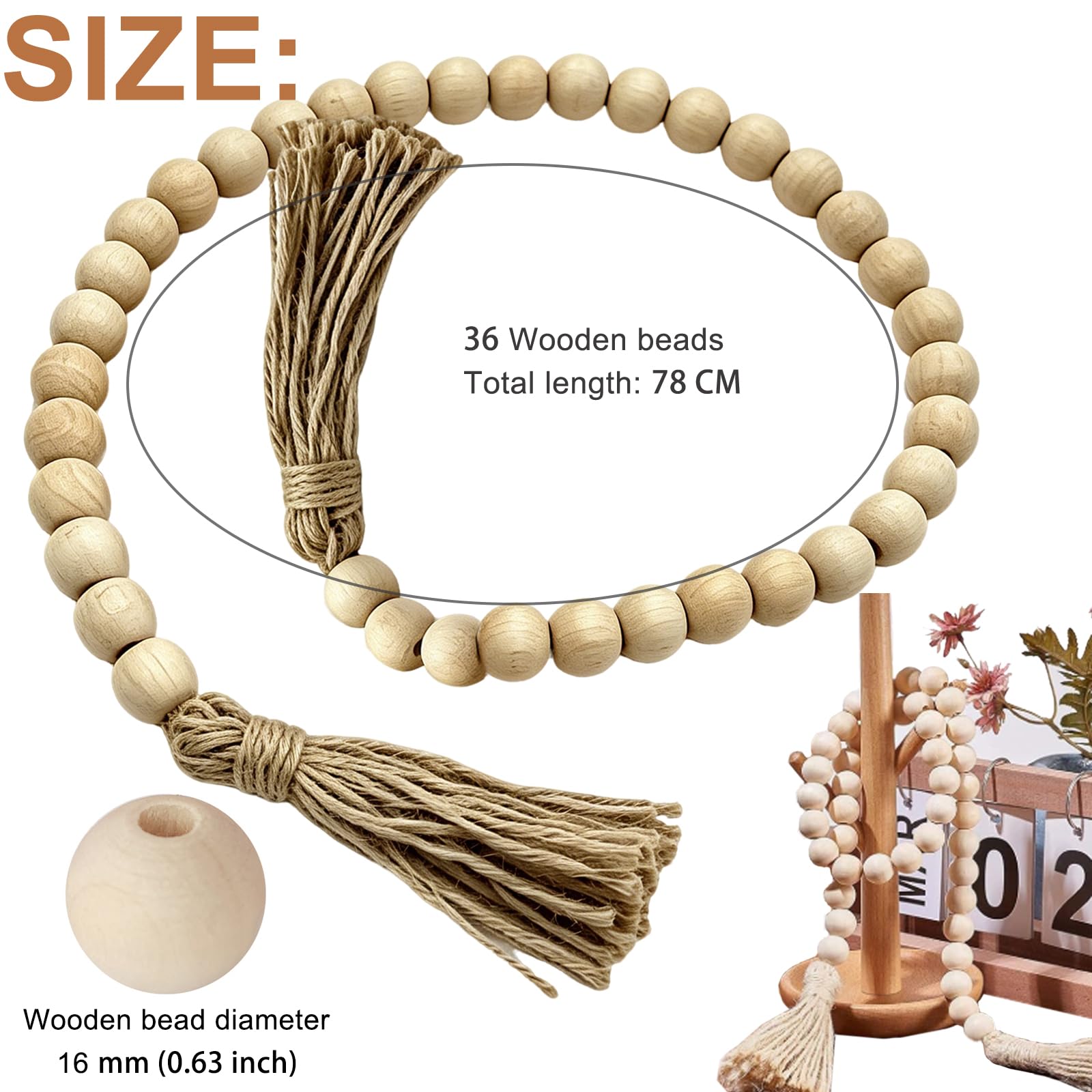 Holzperlen Girlande 78cm 16mm, 36 Holzperlen mit Quasten Deko | Holzperlenkette Naturholz, Perfekt für Wohnzimmer, Schlafzimmer, Weihnachtsbaum, Kamin oder Hochzeitsdeko