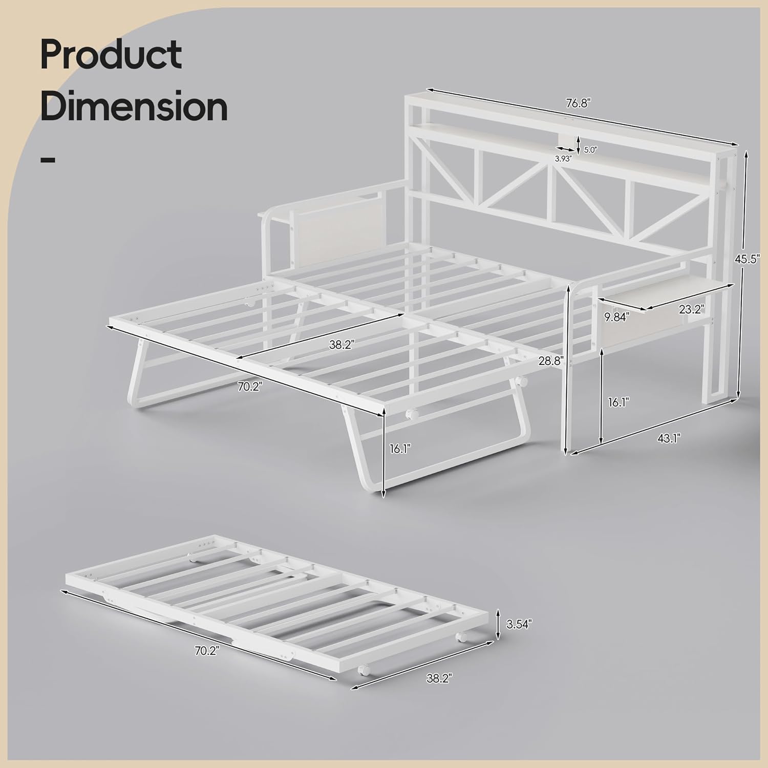 Twin Daybed with Pop Up Trundle, Metal Twin Size Bed Frame with LED Lights & Charging Station, Sofa Day Bed with Storage Shelves & Tabletop for Living Room, Bedroom, Guest Room (White)