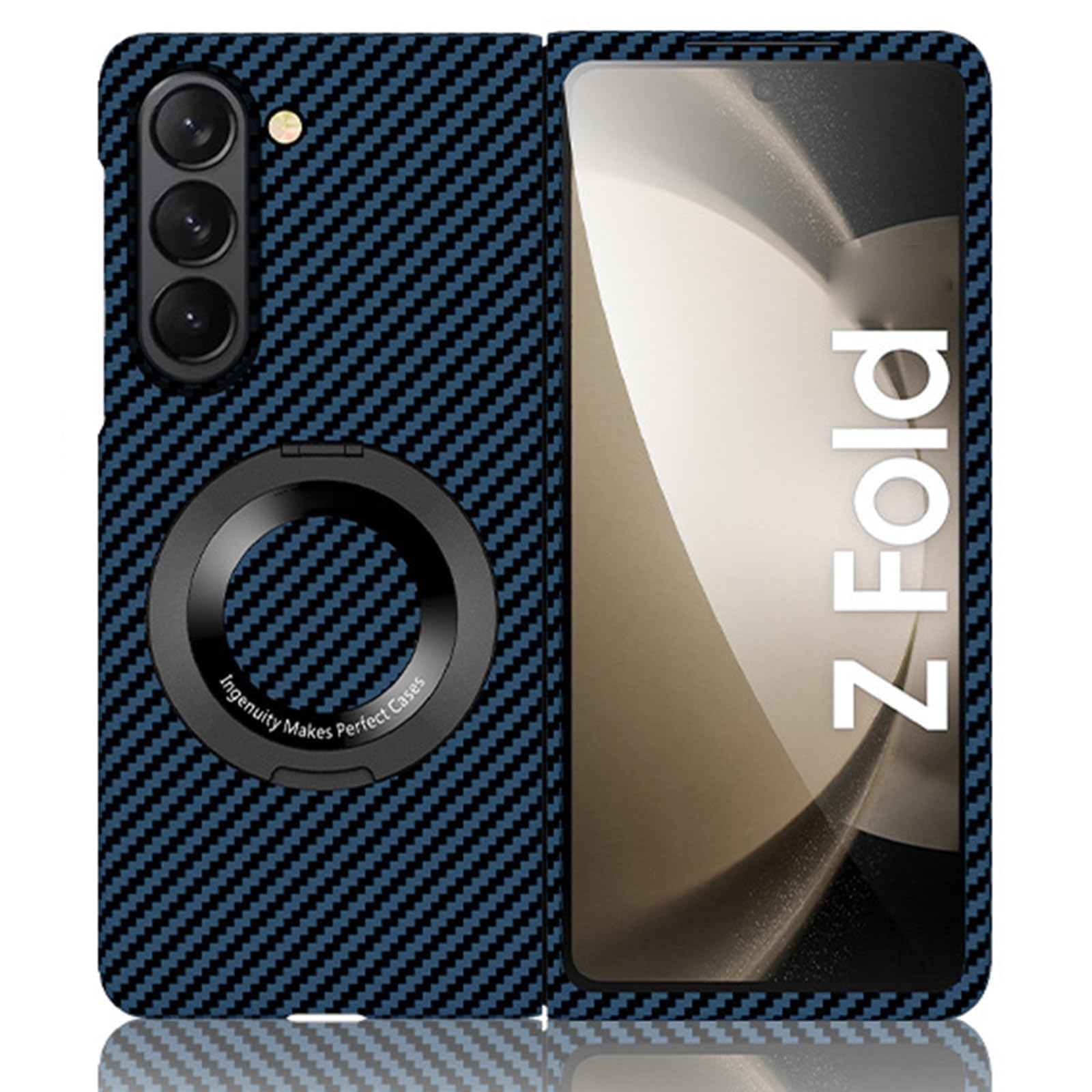 Custodia Per Samsung Galaxy Z Fold 6, Pellicola Protettiva For Schermo Fibra Di Carbonio Custodia Con Supporto Anello E Supporto For Ricarica Wireless Custodia(Blu)