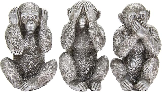 Thorne Antiques & Collectables Set of Three Wise Monkeys Ornaments in Antique Silver Finish - See, Hear and Speak No Evil