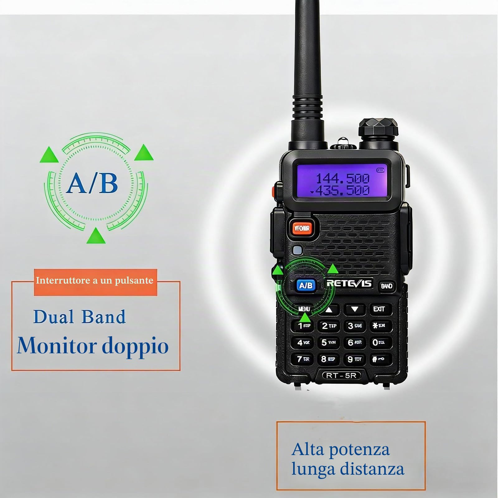 Retevis RT5R Walkie-Talkie, Doppia Banda Radio Ricetrasmittenti Professionali, 128 Canali CTCSS/DCS VOX Torcia LED Allarme di Emergenza, Ricarica Walkie Talkie Ham Amateur Radio，caccia (Nero,1 Pezzo)