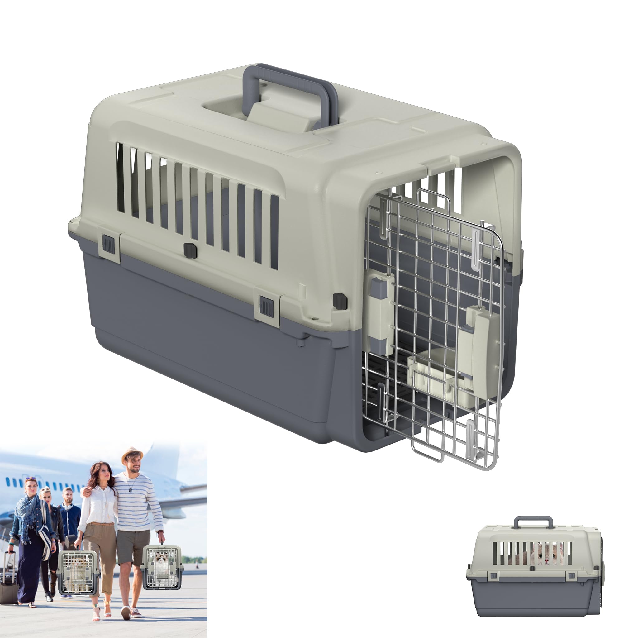 YRHome Boîte de transport pour chiens et chats - Caisse de transport pour les voyages en avion - Avec fenêtre en plastique, porte en fer, bol et plateau à couches et poignée - 60 x 40 x 40 cm - Charge