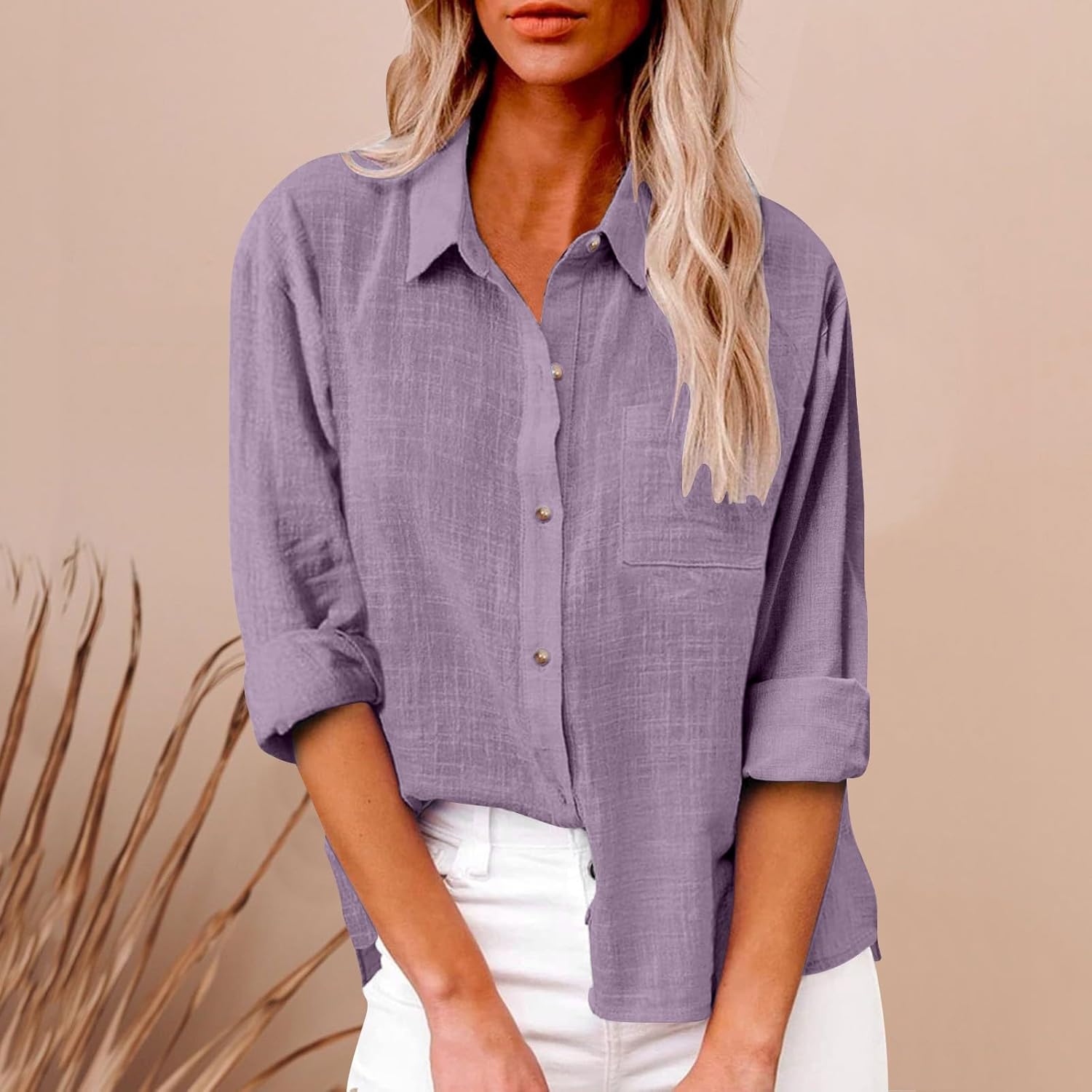 Camicie in lino con bottoni da donna senza colletto con scollo
