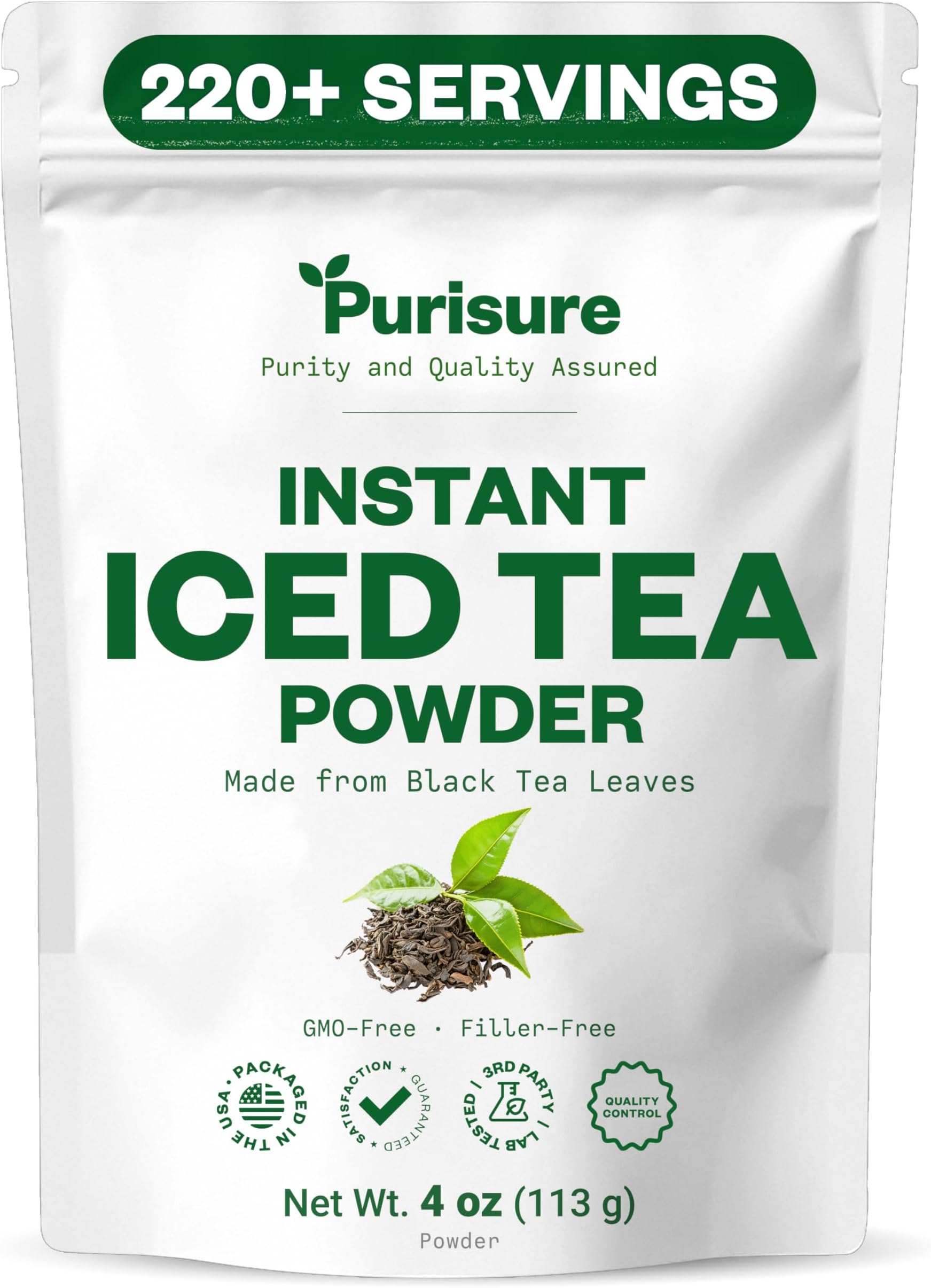 Purisure Unsweetened Iced Tea Powder, Instant Black Tea, Real Black Leaves, Powdered Iced Unsweetened with Zero-Calories, Sugarless Instant Tea, 4 oz, 192 Serving Pack
