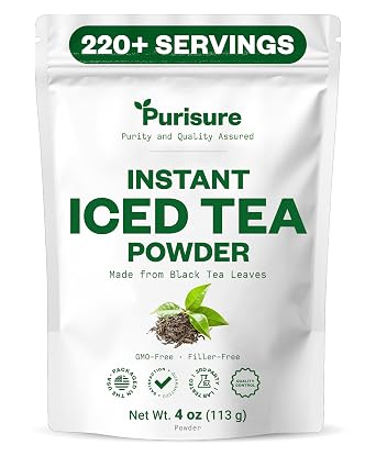 Purisure Unsweetened Instant Black Iced Tea Powder Made from Real Tea Leaves, No Lemon Flavor, Sugarless, Zero- Calories, Dissolves in Cold Water, Makes Up to 220 plus Servings, 4 oz