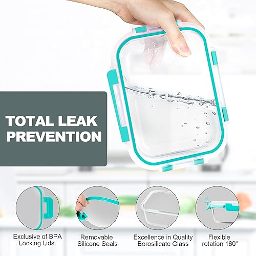 Vista 3 de VERONES Paquete de 10 recipientes de vidrio de 22 onzas para preparación de comidas, juego de recipientes herméticos de vidrio para el almuerzo