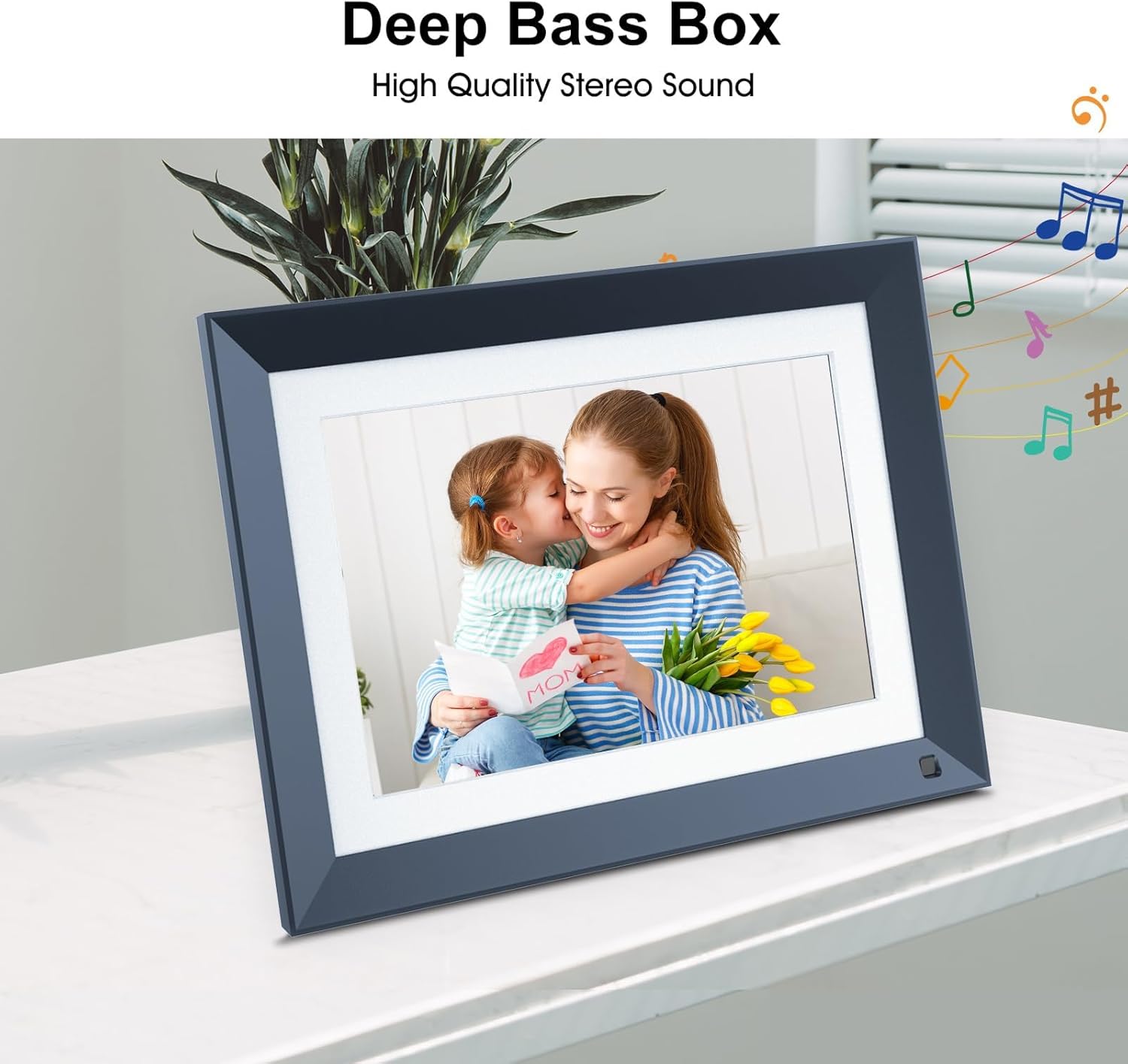 Digital picture frame with icons for music notes, indicating sound features