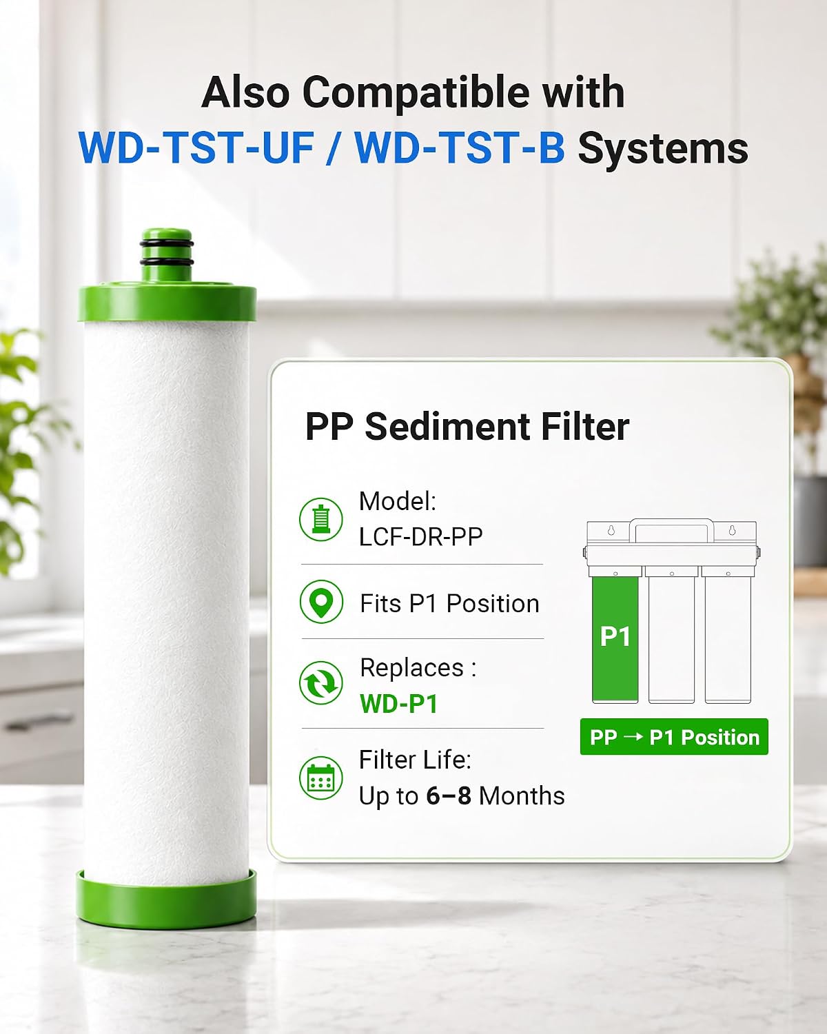 LCF P1 Replacement Filter LCF-DR-PP for Waterdrop TST-UF & TST-B, 2-Pack | PP Sediment Filter, Replaces WD-P1 (P1 Filter); Compatible with LCF-DCT-PC & LCF-DCT-PC-ALK Countertop Systems