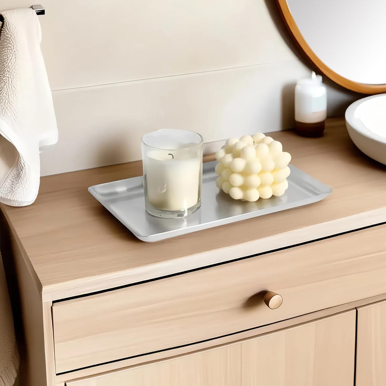 IMEEA Small Silver Tray SUS304 Stainless Steel Rectangular Tray — Countertop Organizer for Bathroom Vanity, Jewelry, Keys & Skincare (9.8" x 6")