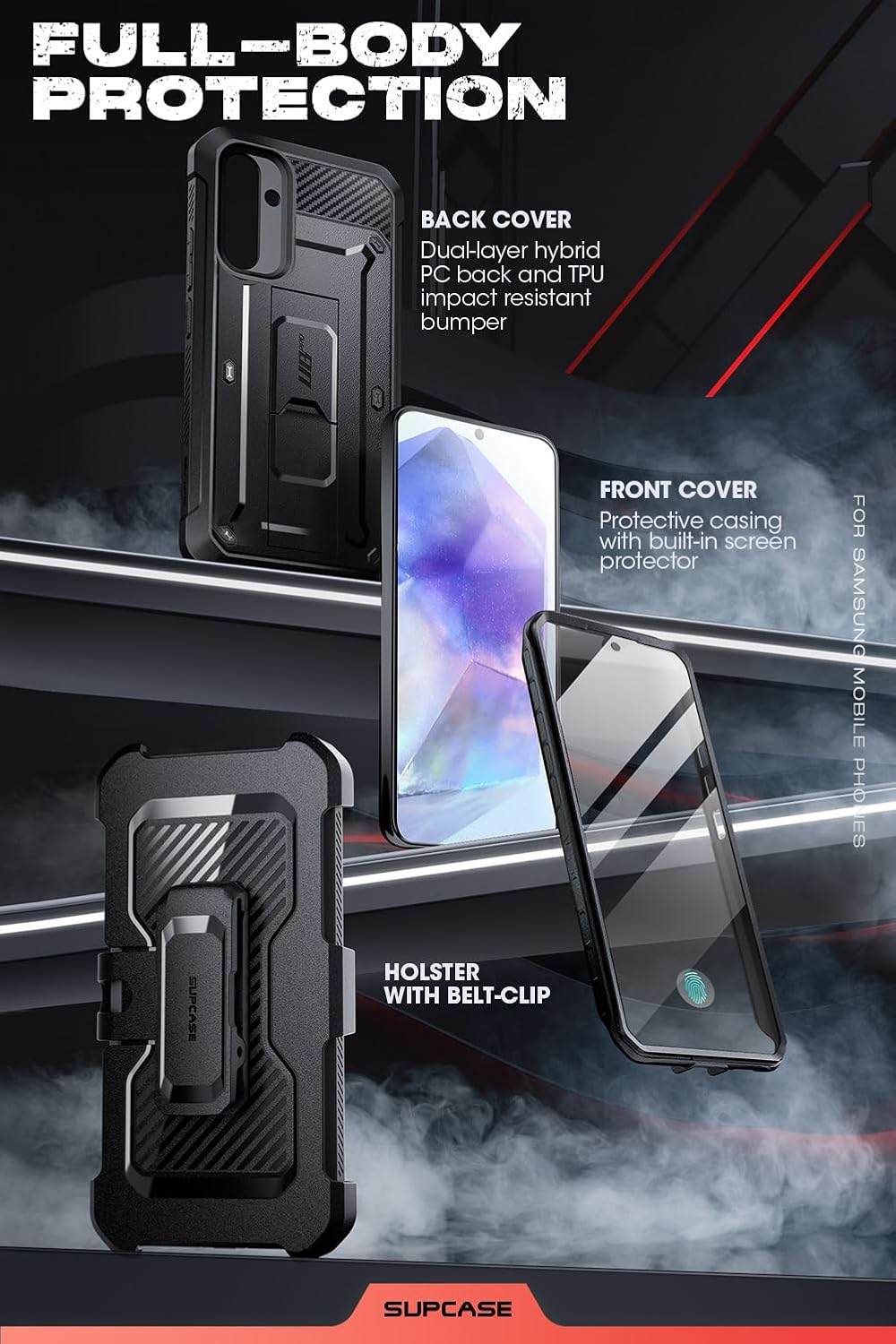 SUPCASE Unicorn Beetle Pro for Samsung Galaxy A55 Case with Stand [Built-in Screen Protector & Belt Clip] [Military-Grade Protection] Kickstand Phone Case for Galaxy A55 5G (2024 Release), Black