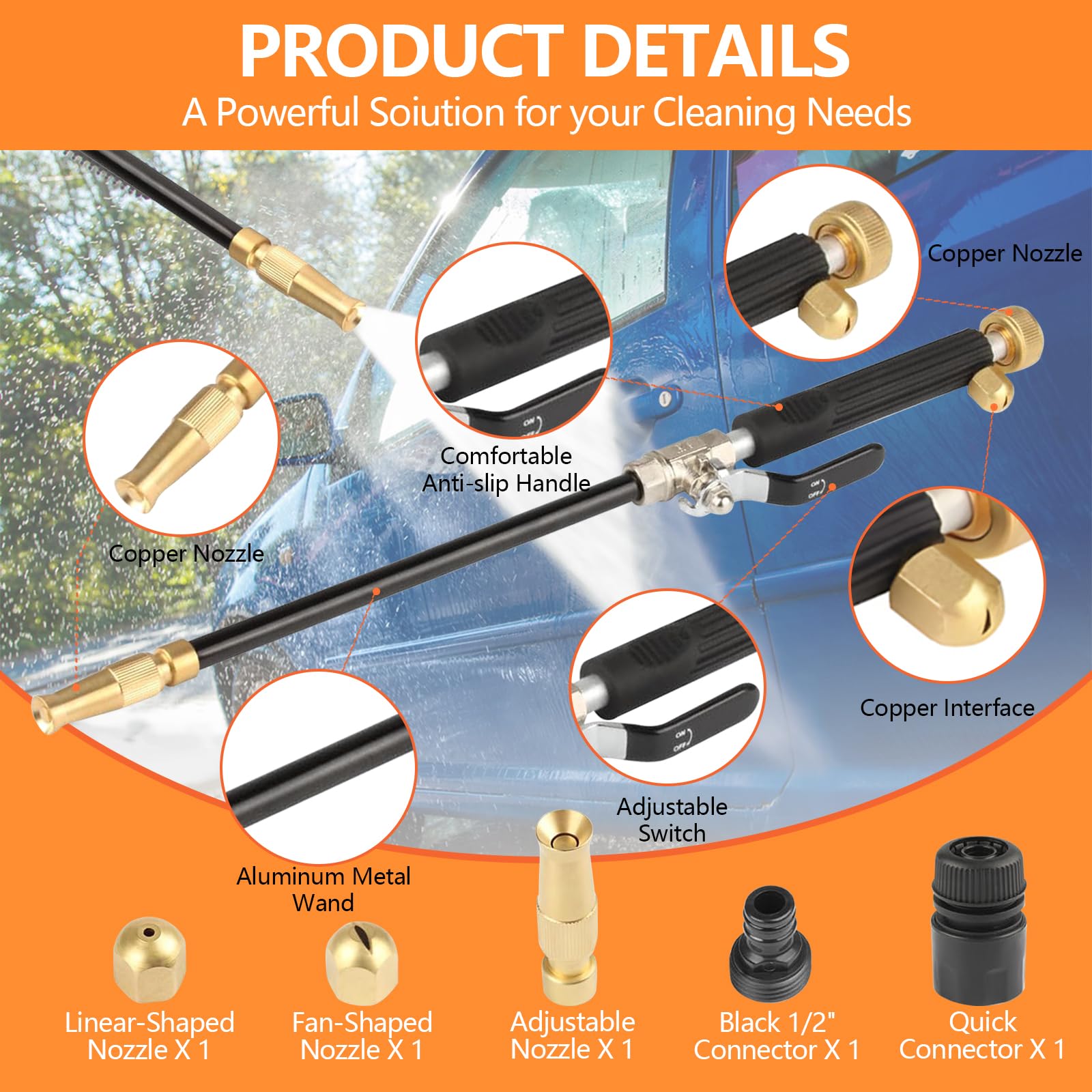 Hydro Jet Power Washer Wand, Hydro Jet Power Washer Wand with 3 Sprayer Nozzle and Quick Connectors, Watering Sprayer Cleaning Tool for Patio Car Pet Gutter Garden Plants Cleaning