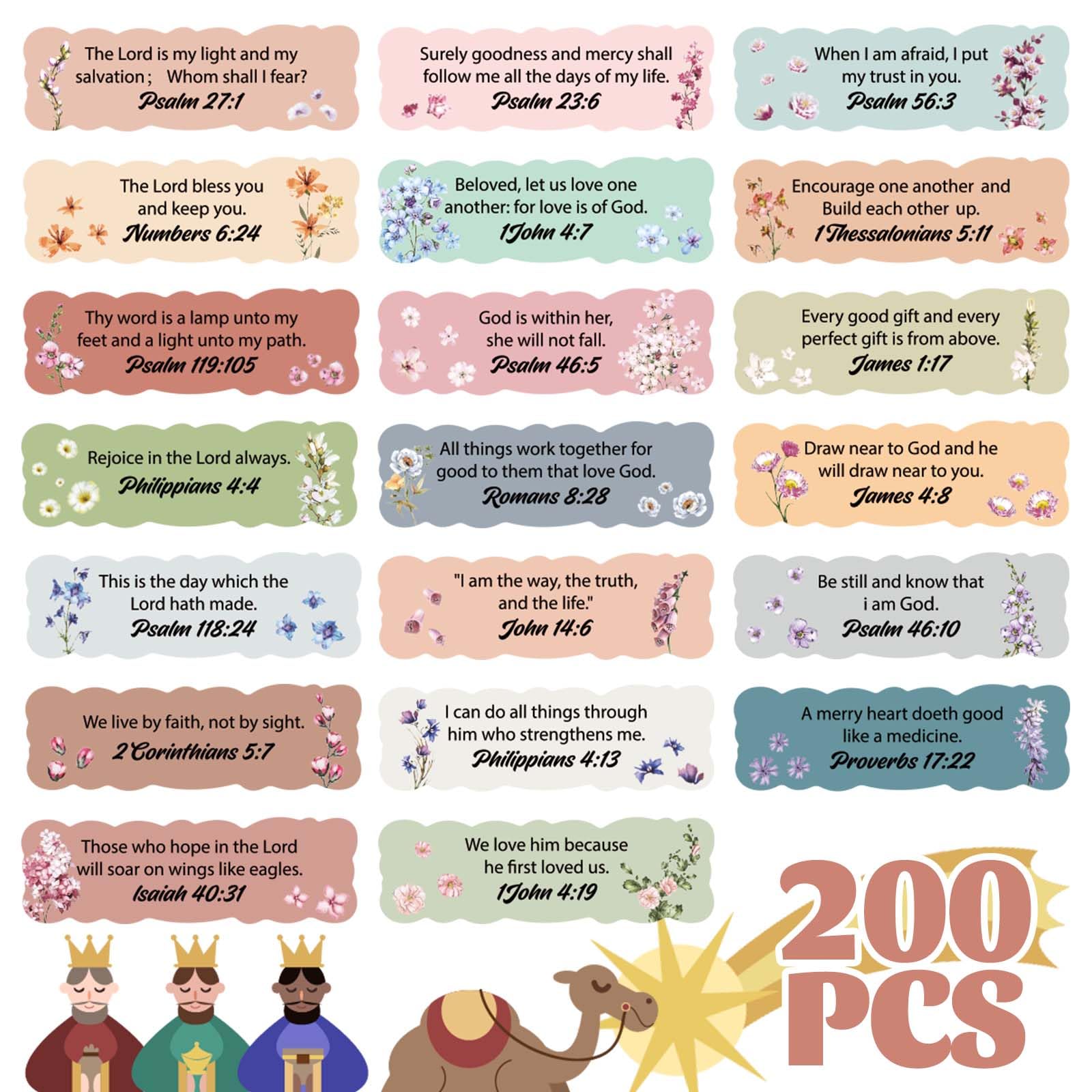Whaline 200Pcs Bible Verse Stickers Scripture Inspirational Paper Decals Christian Motivational Self-Adhesive Scalloped Stickers for Envelope