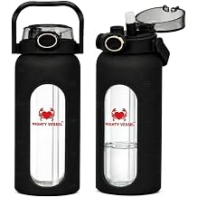 32 oz Glass Water Bottle Black | Durable Borosilicate with Straw, Silicone Sleeve & Time Markers Leakproof, Portable, for Gym, Office, Daily Hydration