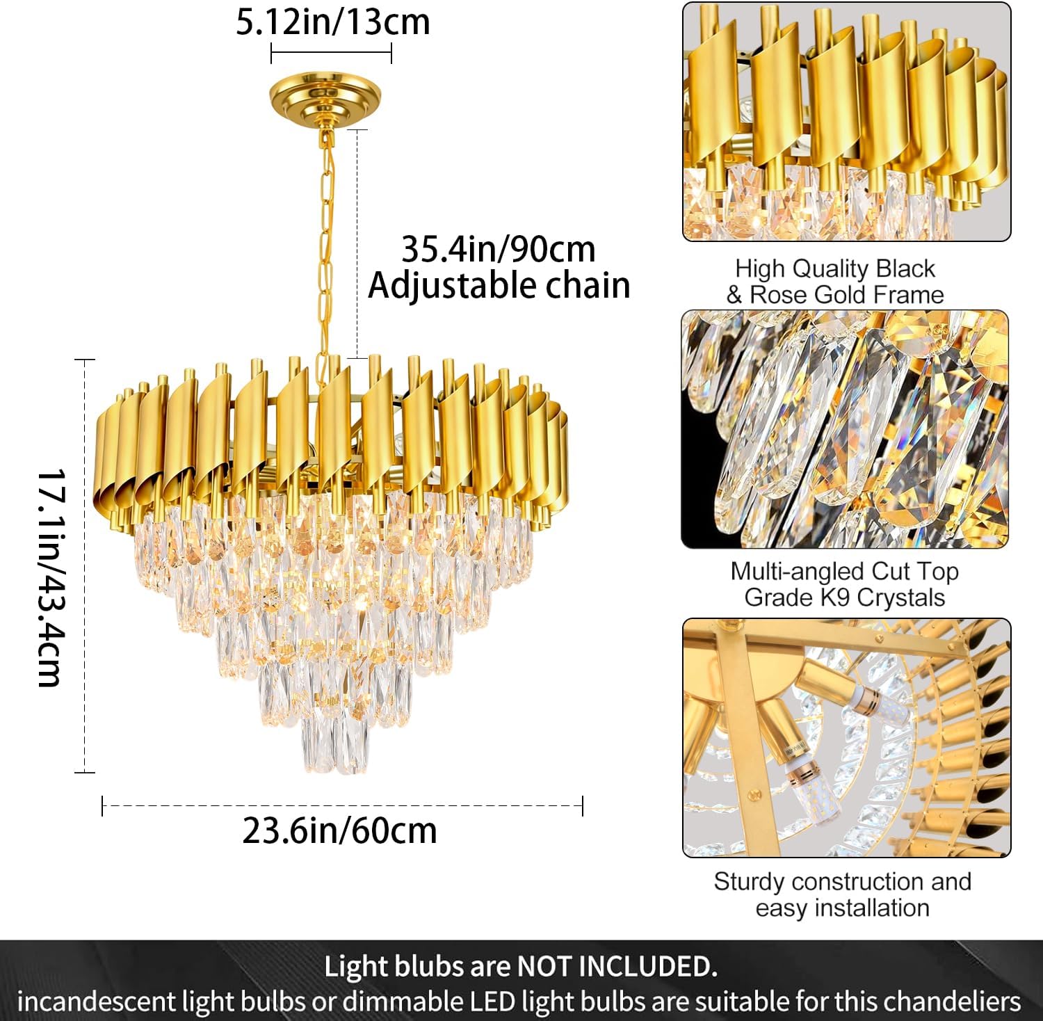 Modern Gold Crystal Chandelier Round Hanging 12-Light E12 Base Elegant Pendant Lighting for Foyer Bedroom Dining Room Kitchen Island 60CM
