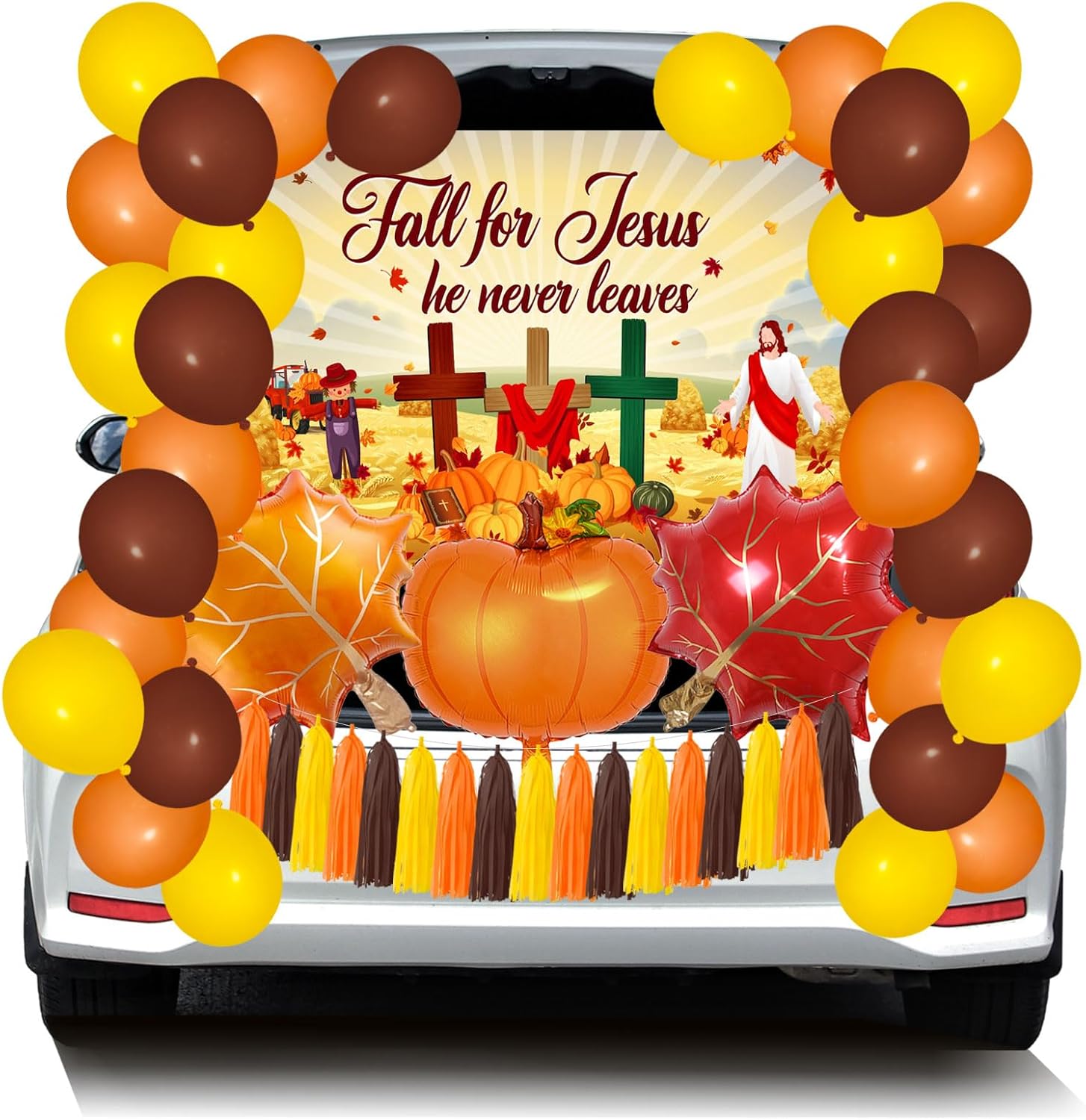 Fall Trunk or Treat Car Decoration Include Jesus Banner Maple Leaf Pumpkin Aluminum Film Balloon Paper Tassel Paper Tassel Fall Garage Decor Car Decoration for Outdoor Autumn Party Supplies Fall-2