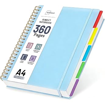 RITOLLO 360 Pages A4 Spiral Notebook with 5 Subjects Ruled College Style 100GSM Thick Paper Large Notebook with Removable Dividers for School Office Study and Work Blue