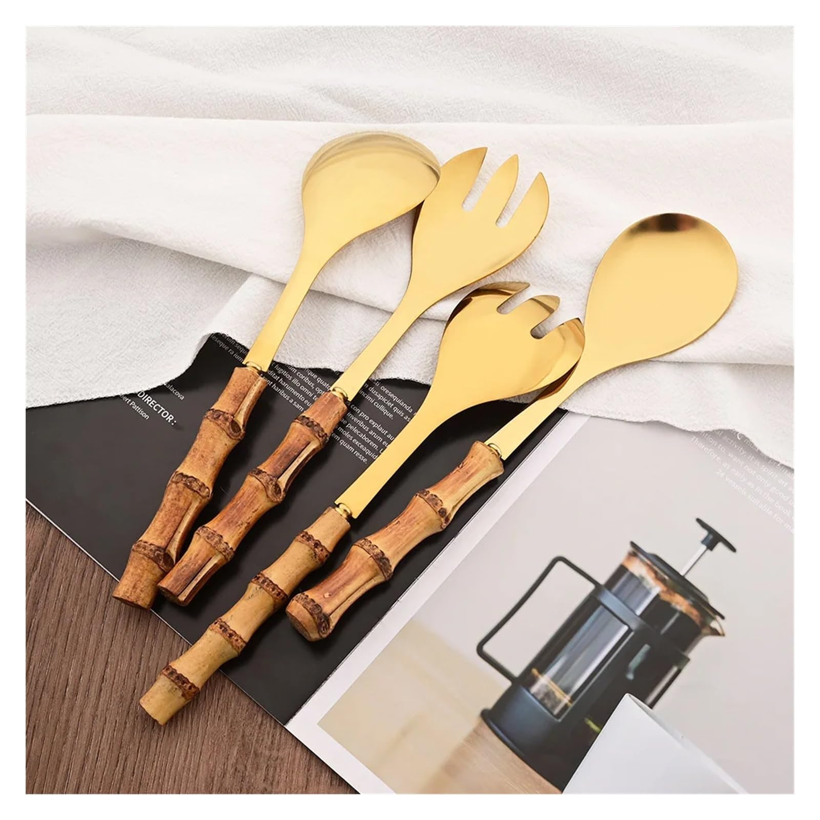 6 szt. Uchwyt bambusowy łyżka do sałatek widelec zestaw obiadowy ze stali nierdzewnej do kuchni do jedzenia serwer naczynia złota zastawa stołowa narzędzia restauracyjne (Material : Gold Service Spoo
