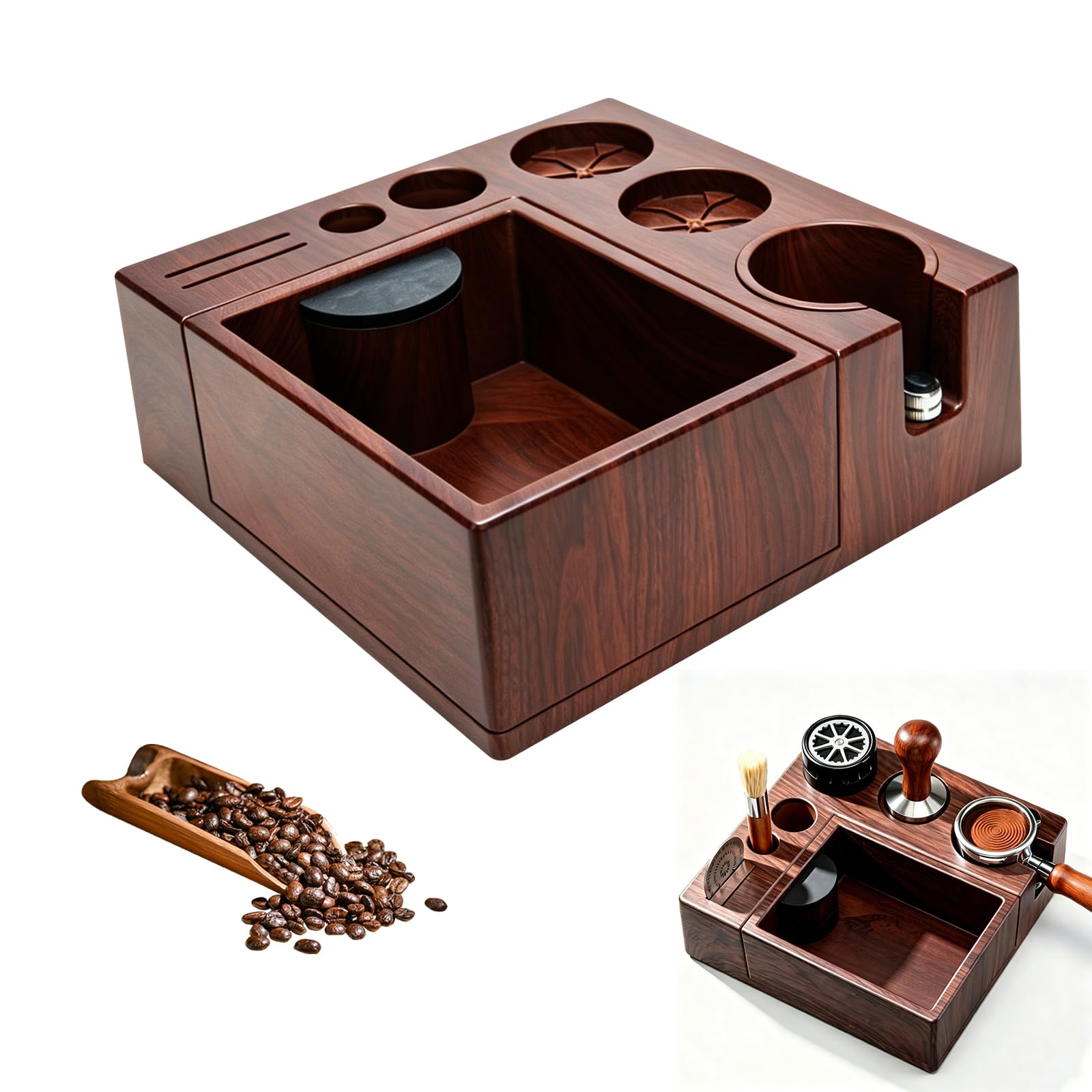 ANTREATU Espresso Tamping Station, Coffee Tamping Station with Detachable Knock Box, Adjustable Portafilter Holder for 51/54/58mm, ABS & Aluminum Alloy Barista Accessories