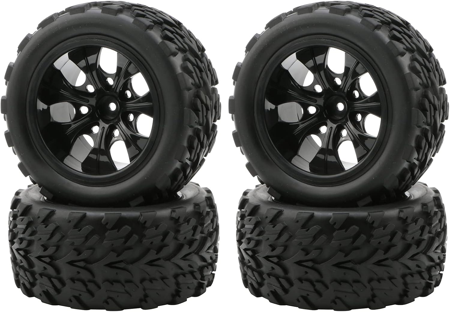 JIUWU 1:10 RC Monster Truck Car Wheel and Tires 1/10 Scale Off-Road Tires with 7 Spokes Wheel Rim Black RC Parts Pack of 4