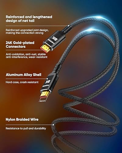 Miniatura 6 de Snowkids Cable de fibra óptica HDMI 8K 2.1 de 50 pies de largo, cables HDMI de alta velocidad de 48Gbps unidireccionales, cable compatible con 4K
