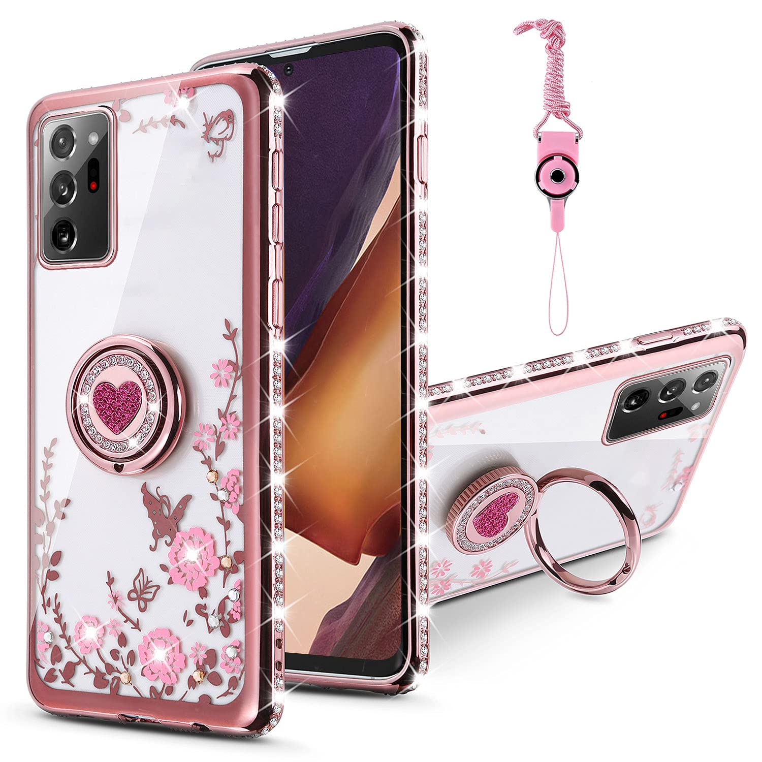 for Samsung Galaxy Note 20 Ultra Case, Glitter Diamond Floral Butterfly Clear Back TPU Case with Bling Shiny Rhinestone Ring Grip Holder Stand for Samsung Galaxy Note 20 Ultra Case (Rose Gold)