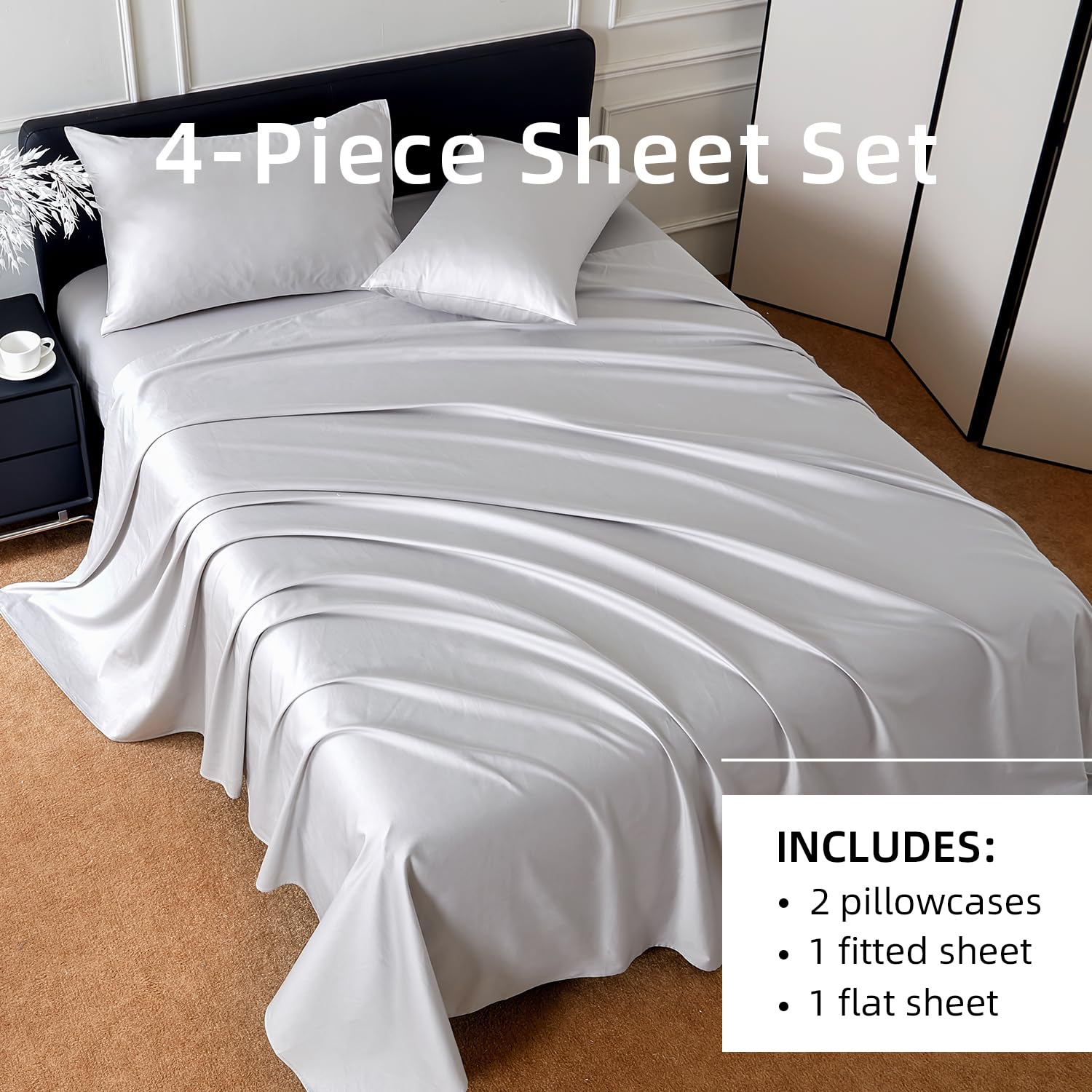 Yuncojin Queen Size 4 Piece Sheet Set - Breathable & Cooling Bed Sheets Set-Luxury Bedding for Women, Men, Kids & Teens - Deep Pockets, Easy Secure Fit, Soft and Wrinkle Free,Satin Sheets,Light Grey