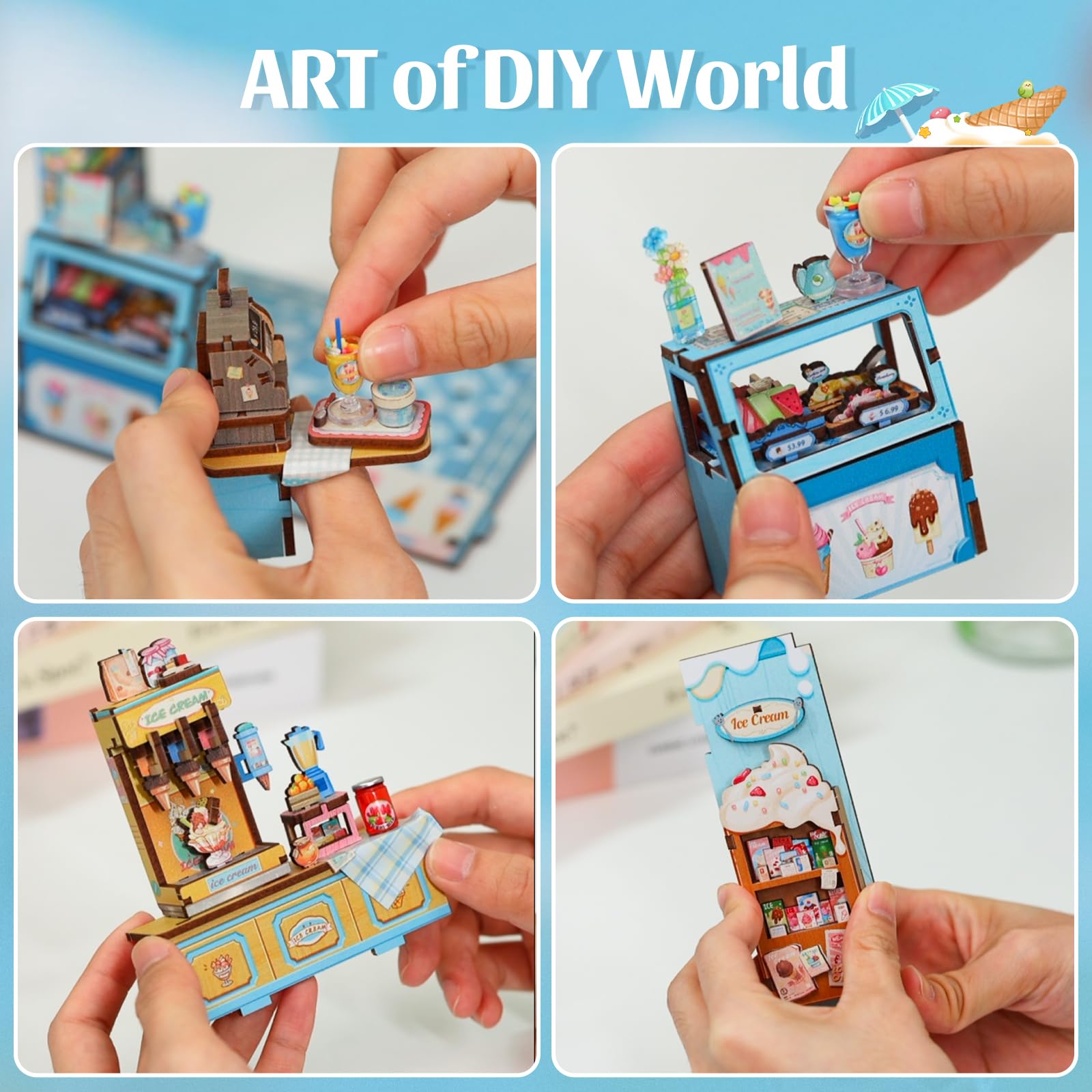 CUTEBEE Book Nook Kit - Casa Delle Bambole Fai Da Te Con Luci LED, Una Dolce Casa In Miniatura Di Gioia Estiva, Sostegno Per Libri In Legno 3D, Decorazione Per Libreria, Regalo(Bella's Ice Cream)