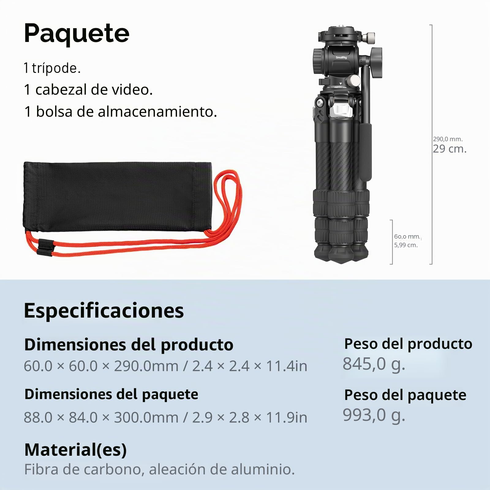 SMALLRIG Kit de Trípode de Mesa Portátil de Fibra de Carbono, Mini Trípode de Escritorio Compacto de 17'' con Cabezal de Video, Alta Capacidad de Carga, Placa QR Incorporada para Arca - 5025
