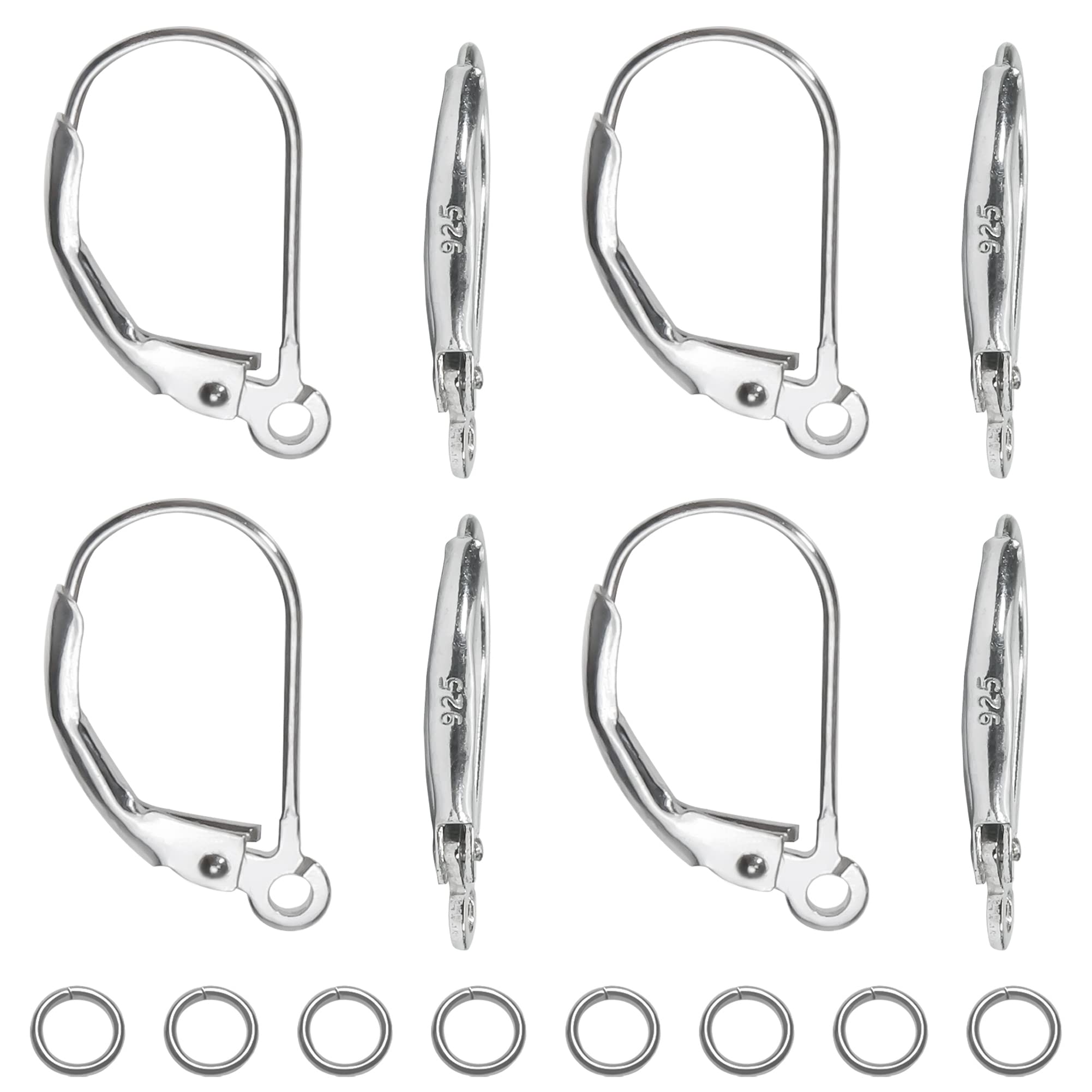 TOAOB 8pcs 925 Sterling Silver Leverback French Earring Hooks Hypoallergenic Dangle Earwire Findings 16x9mm Platinum with Jump Rings for Jewelry Making