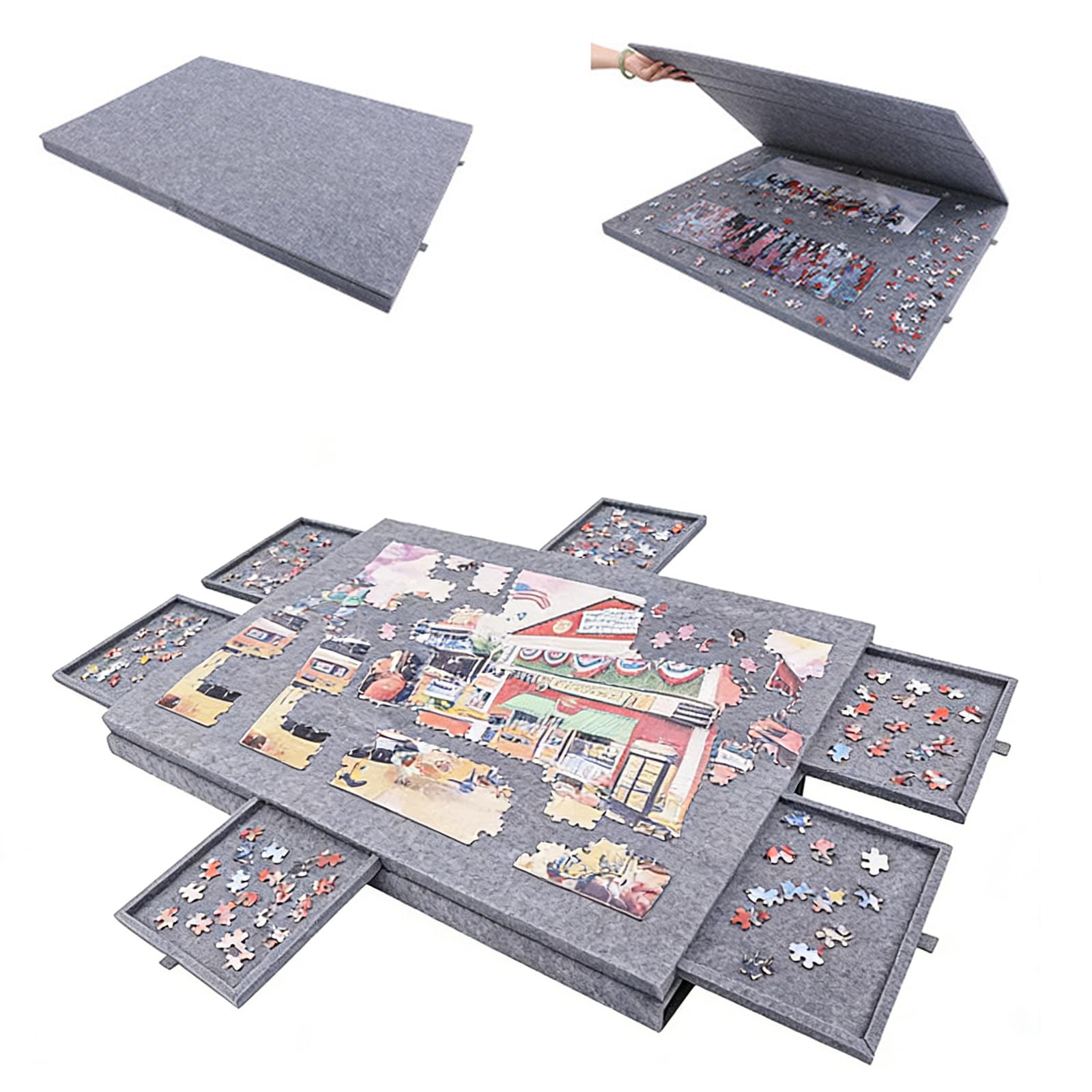 Przechylany stół do puzzli, 1000 elementów – deska do puzzli z 6 szufladami i powierzchnią filcową, przenośna deska do puzzli ze stojakiem 2 w 1, idealna do domu i podróży, 52 x 77 cm, szary