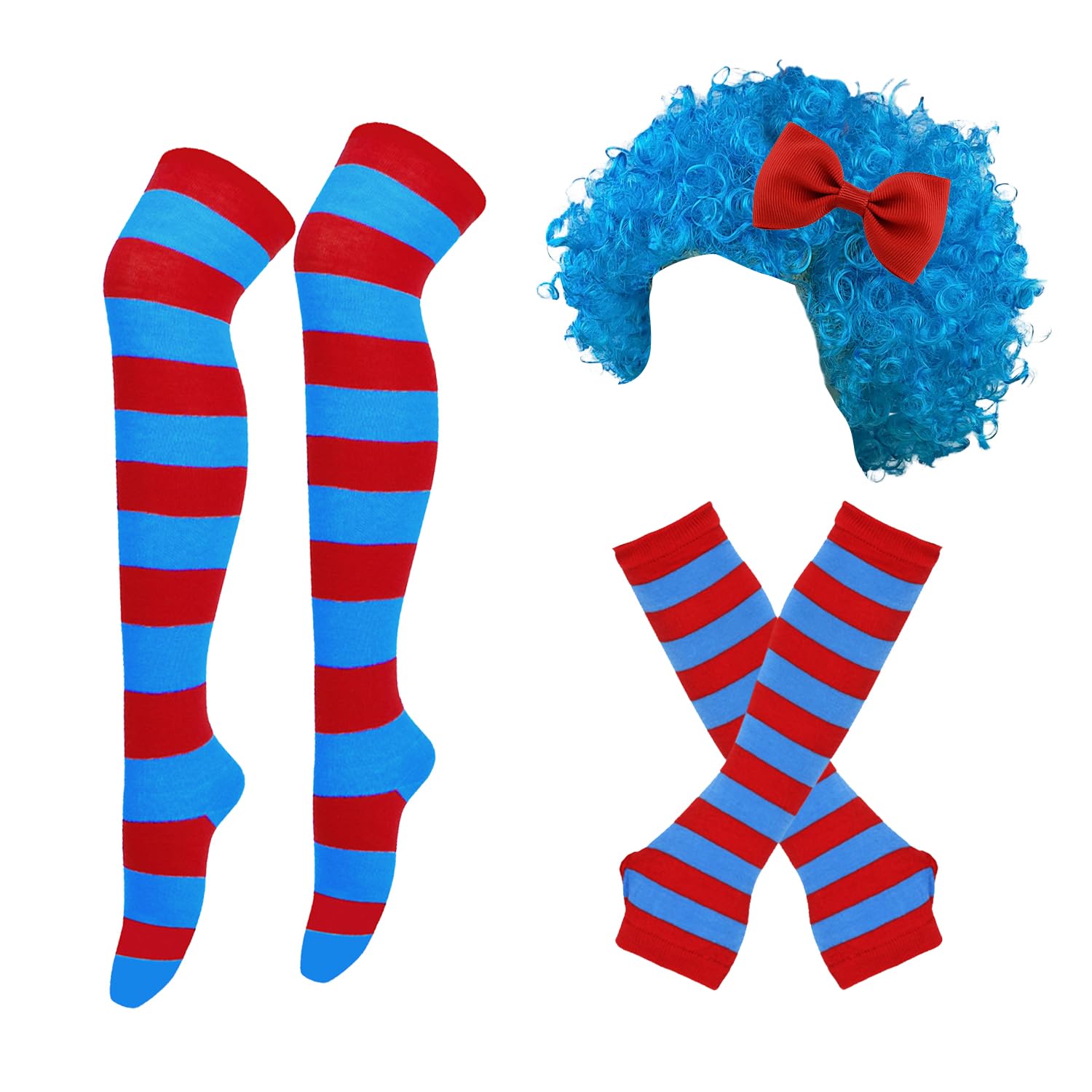 Bohue 3pcs Blue Costume Accessories Halloween Costume Set Blue Punk Wig Red Bow Striped Socks Gloves Clown-themed Cosplay Accessories for Halloween Costume Party