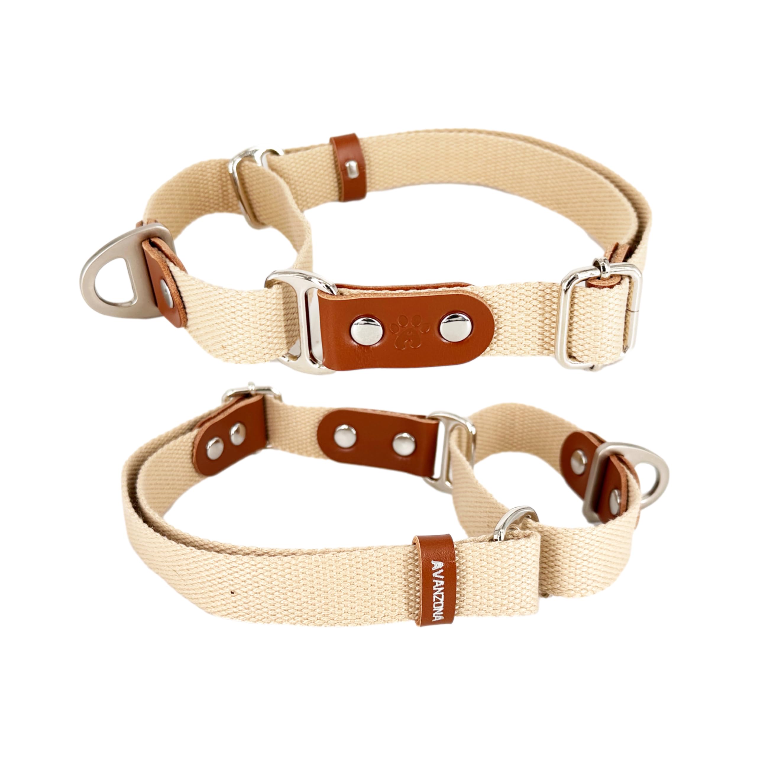 Martingale Dog Choke Collar, Antipull, Poly-Cotton and Leather. L. Beige & Cognac, Beige(Poly-cotton) & Cognac - Image 2