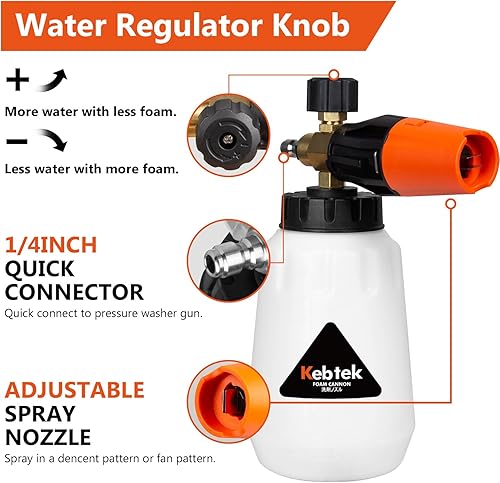 Miniatura 2 de Kebtek Cañón de espuma con pistola de lavado a presión de 5200 PSI, pistola de lavado de latón resistente con kit de cañón de espuma de nieve,