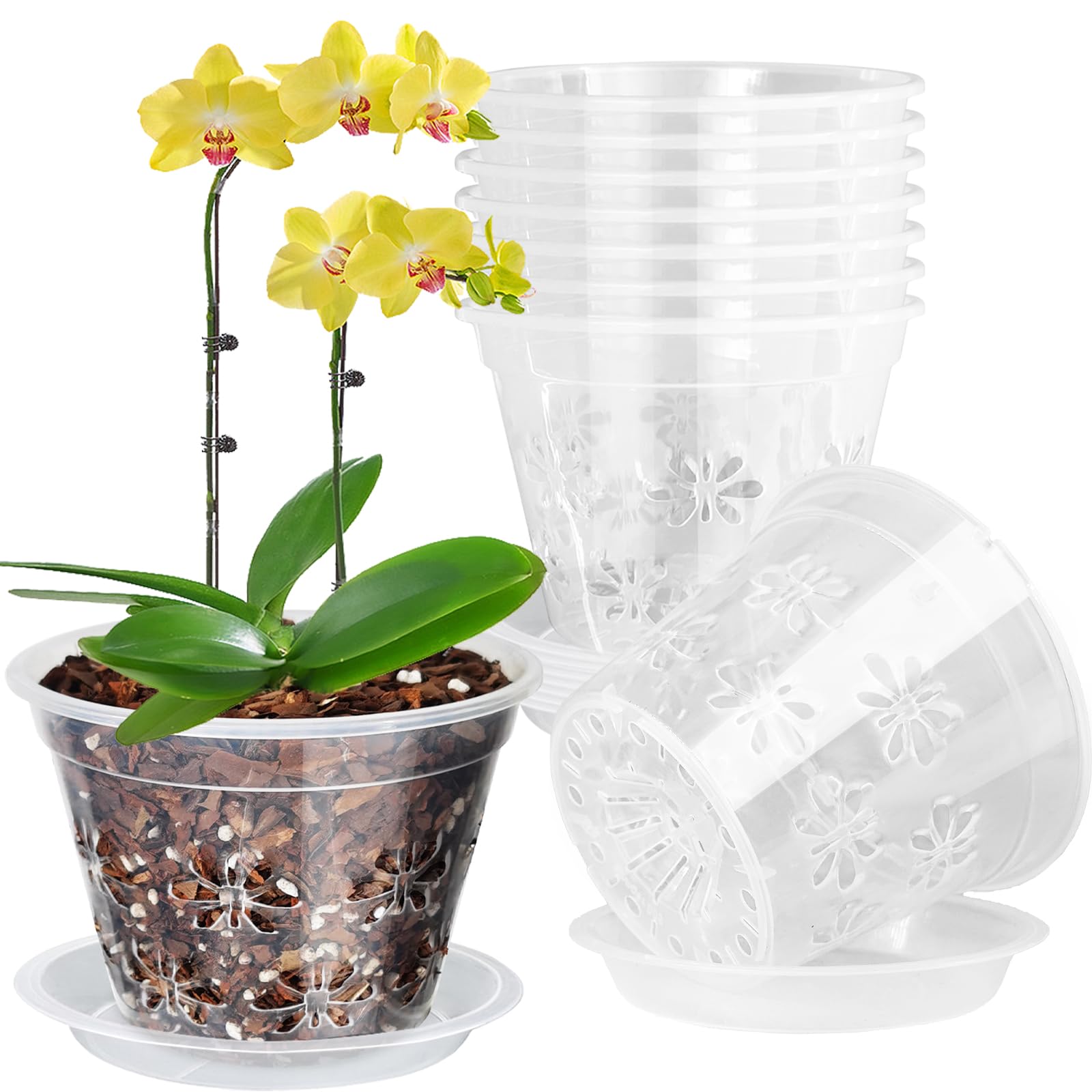 Orchid Pot, 8 Pack 4 Inch Clear Orchid Pots with Holes & Saucers - Aeration Flower Planters for Phalaenopsis, Dendrobium & Airflow Root Orchids - Ideal for Repotting, Drainage & Healthy Growth