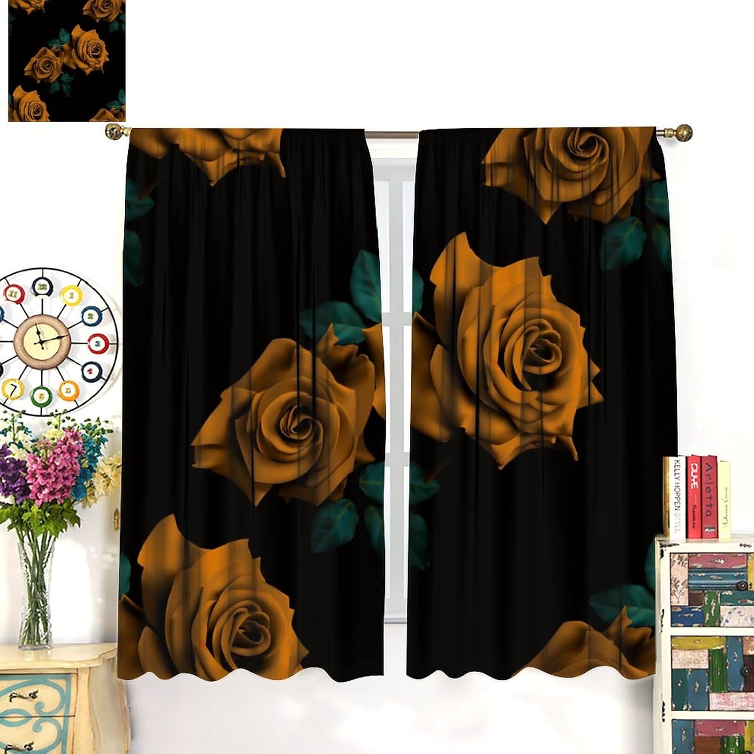 Orange and Black Curtains Rose Floral Flower Room Darkening Curtain with Rod Pocket for Bedroom Farmhouse Home Decor Thermal Insulated Drapes Window Treatments 2 Panels Set 42x45 Inch