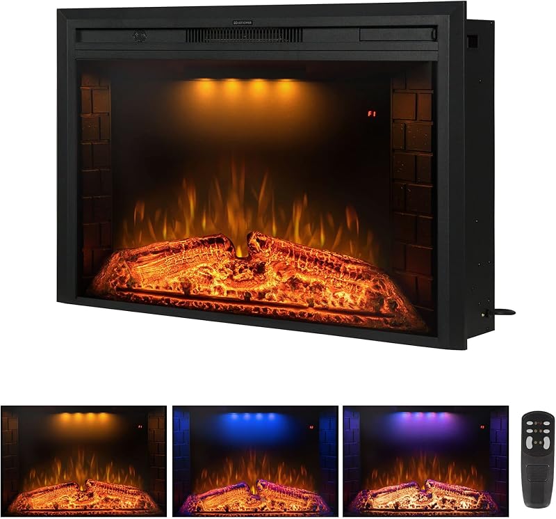 36'' Electric Fireplace Inserts, Recessed & Built in Wall Electric Fireplace Heater with Fire Crackling Sound, Adjustable Top Light & Flame Speed, Overheating Protection, 750/1500W Black