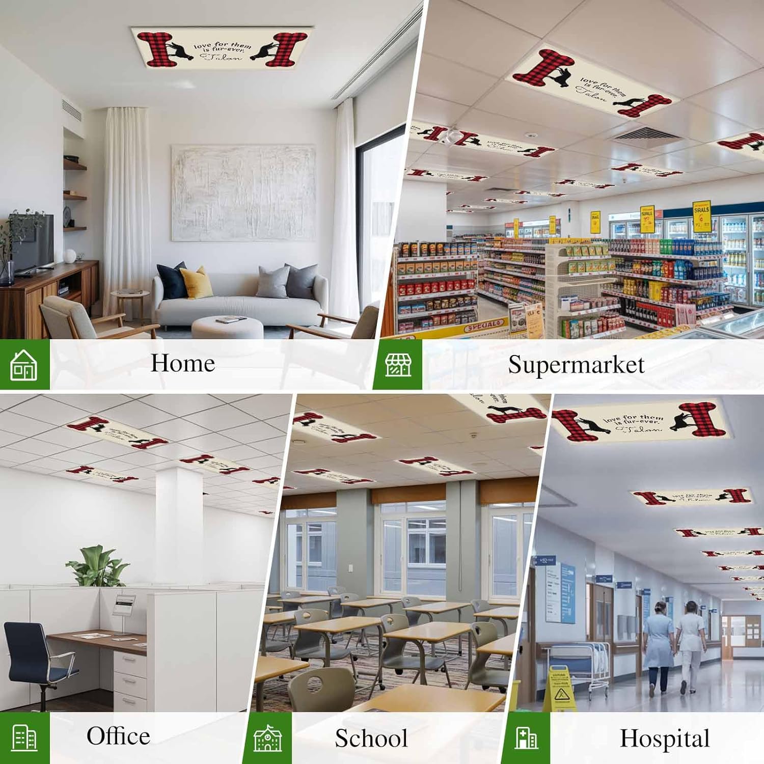 Black Red Buffalo Plaid Fluorescent Light Covers for Ceiling Lights 4x2 feet, 4 Pack Magnetic Light Filters for Classroom, Bones Cute Dogs Pets Fluorescent Lamp Shade Panel for Office School Drop Home