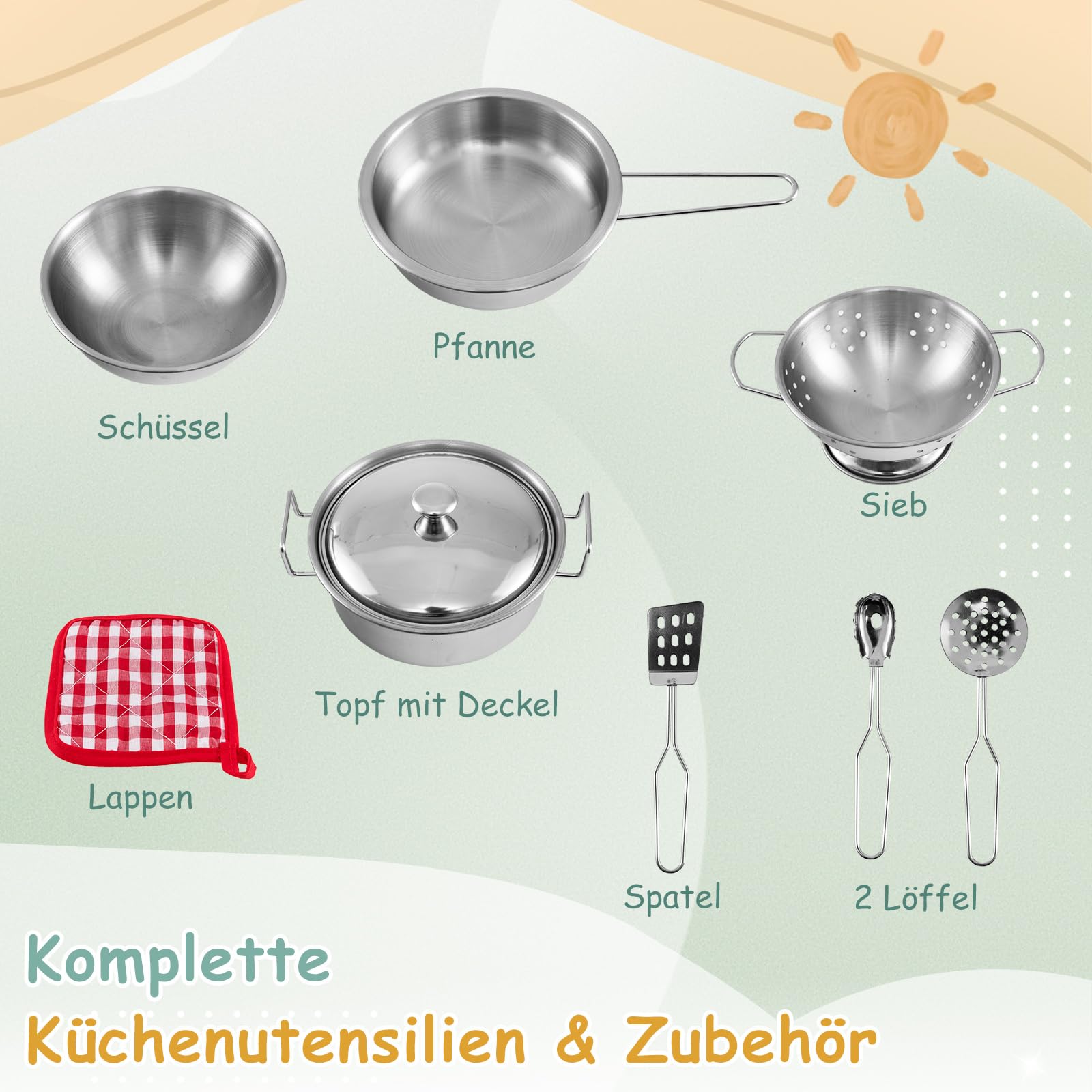 COSTWAY Matschküche Kinder Outdoor, Kinderküche Tannenholz mit Pflanzbehälter & 2 Kreidetafeln & Wasserhahn & Waschbecken, Spielküche Outdoorküche für Kinder ab 3 Jahren, Inkl. 8 Zubehör (Grün)
