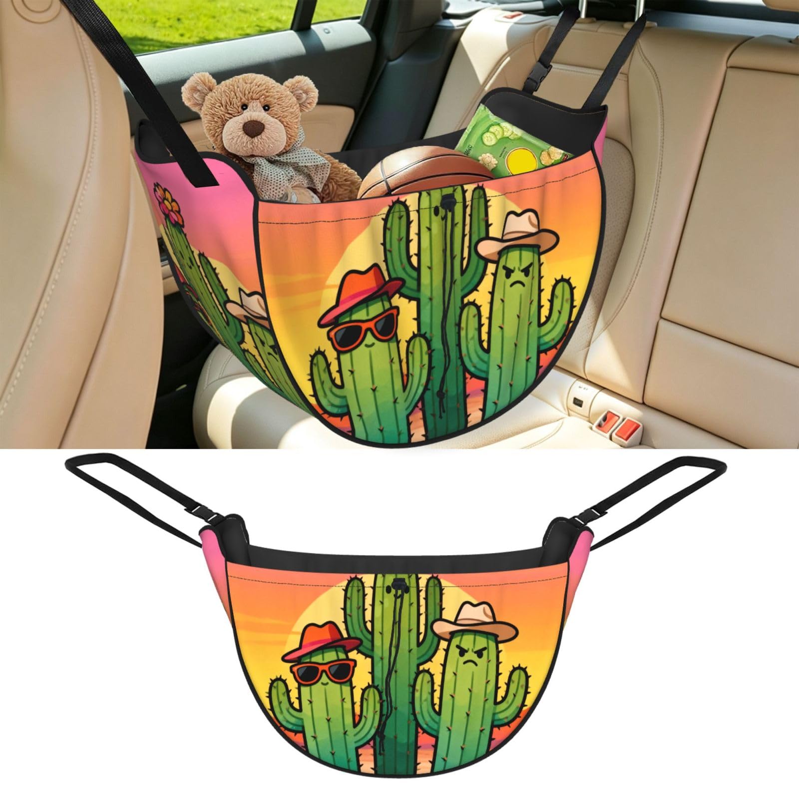 Cntdbu Black Cute Cactus Car Seat Organizer-Backseat Storage Bag For Travel