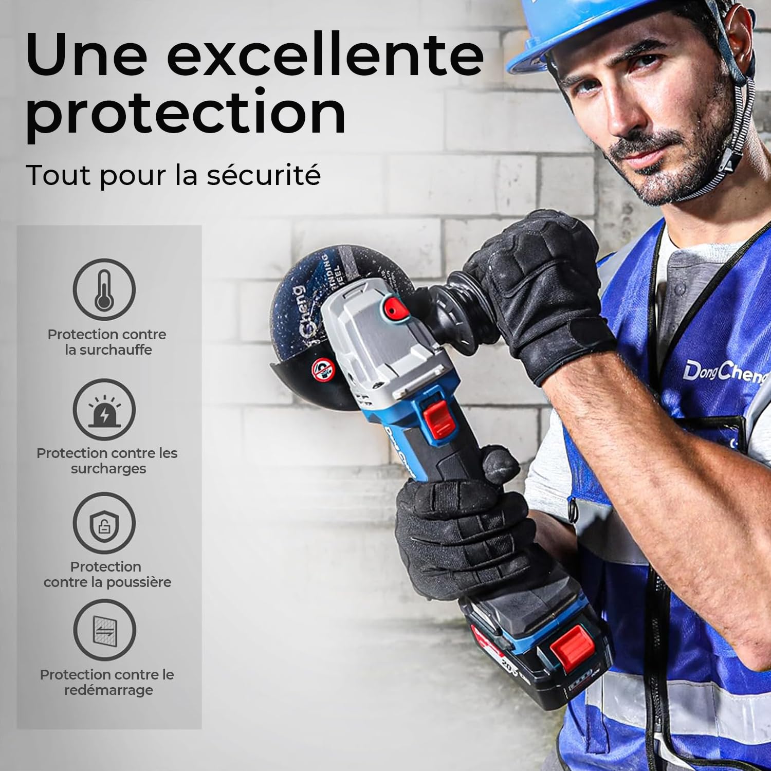 DongCheng Meuleuse d'angle sans fil 18 V, Disqueuse 125 mm, 630 W, profondeur de coupe 33 mm, Meuleuse augulaire sans balais Poignée anti-vibration, Meuleuse sans fil avec batterie 4.0Ah